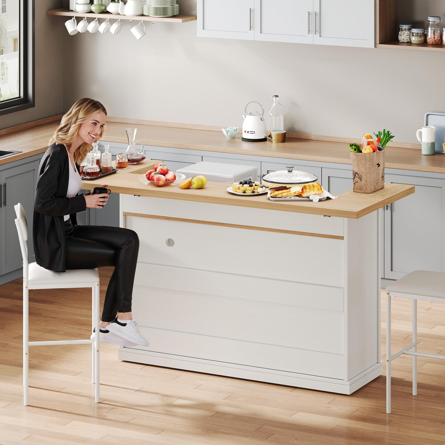 Homiflex Kitchen Island with Storage, Rolling Kitchen Islands with Storage, 55" W Large Island Table, Breakfast Bar Counter with Drop Leaf, Trash Can Cabinet, Power Outlet for Dining Room, White