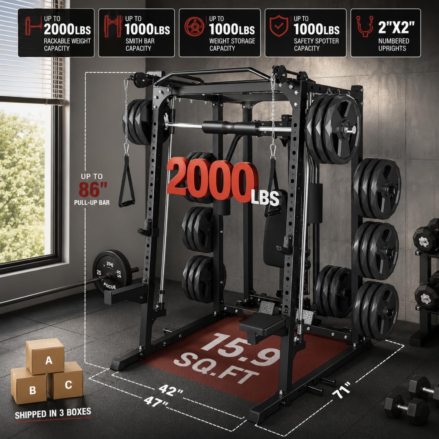 Smith Machine Squat Rack with Butterfly Chest Sation, Multi-Function Home Gym Power Cage with Cable Crossover, LAT Pulldown, 8 Weight Storage Pins & T-Bar for Full Body Strength Training