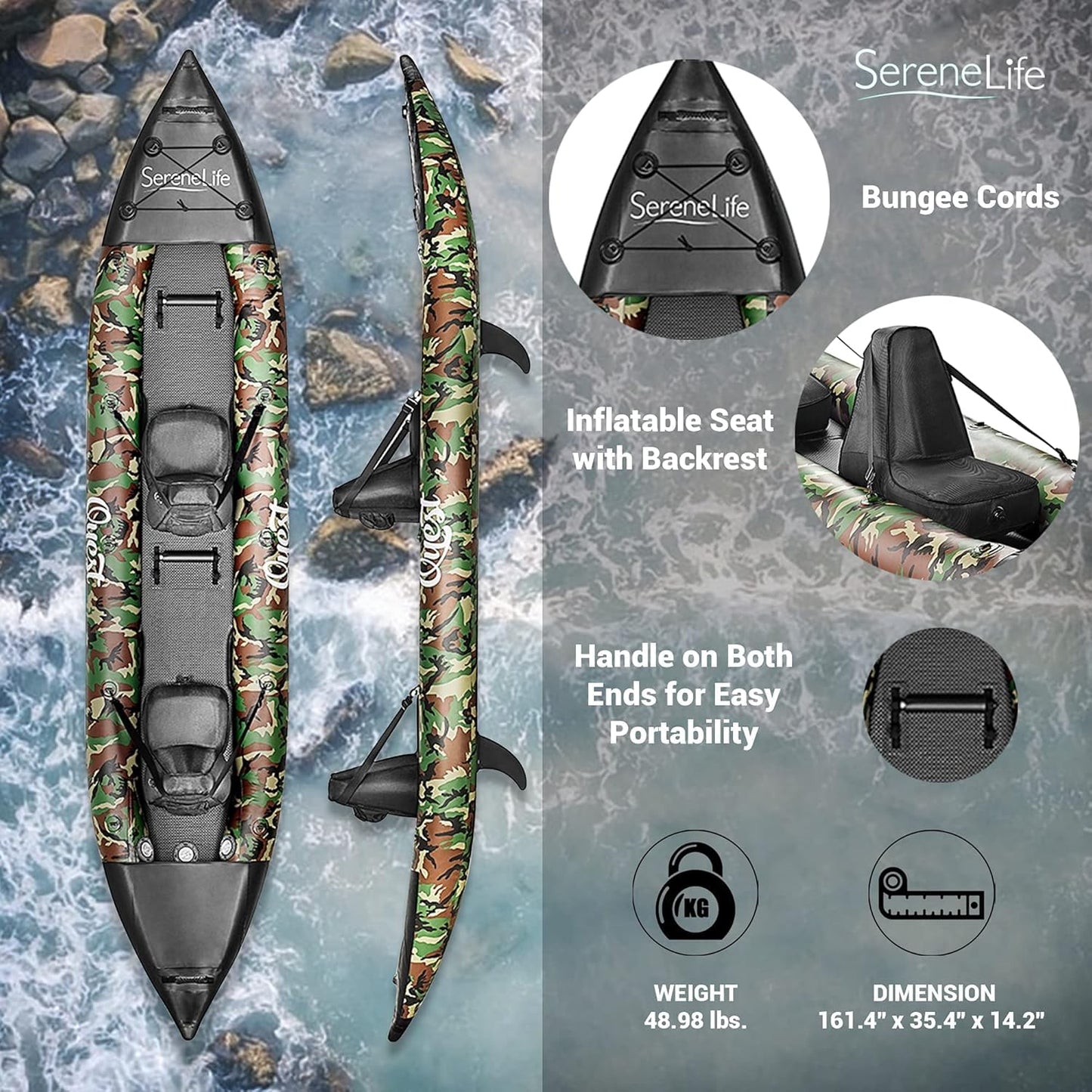 SereneLife Inflatable 2-Person Kayak – Durable PVC Kayak for Fishing with Aluminum Paddles, High-Output Pump, Repair Kit & Bag, Lightweight, Portable Design for Lakes & Rivers, (Camouflage)