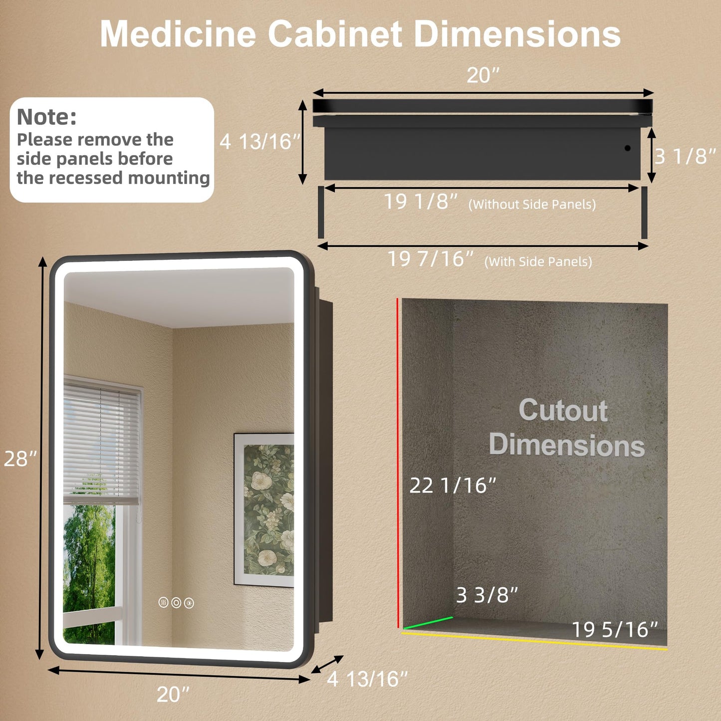 HBEZON 20 x 28 Inch Recessed Medicine Cabinet Mirror with Lights, Wall Mounted LED Bathroom Mirror Cabinet, Dimmable, Anti-Fog, Memory Function, 3 Color Modes, Adjustable Shelf, ETL Certified, Black