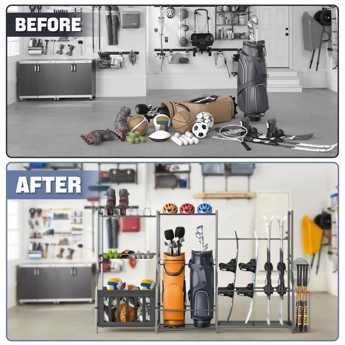 WALMANN Garage Sports Equipment Organizer Stand, Freestanding Ski & Snowboard Storage Rack with Ball Bin and Golf Bag Holder, Multi-Sport Storage for Garage