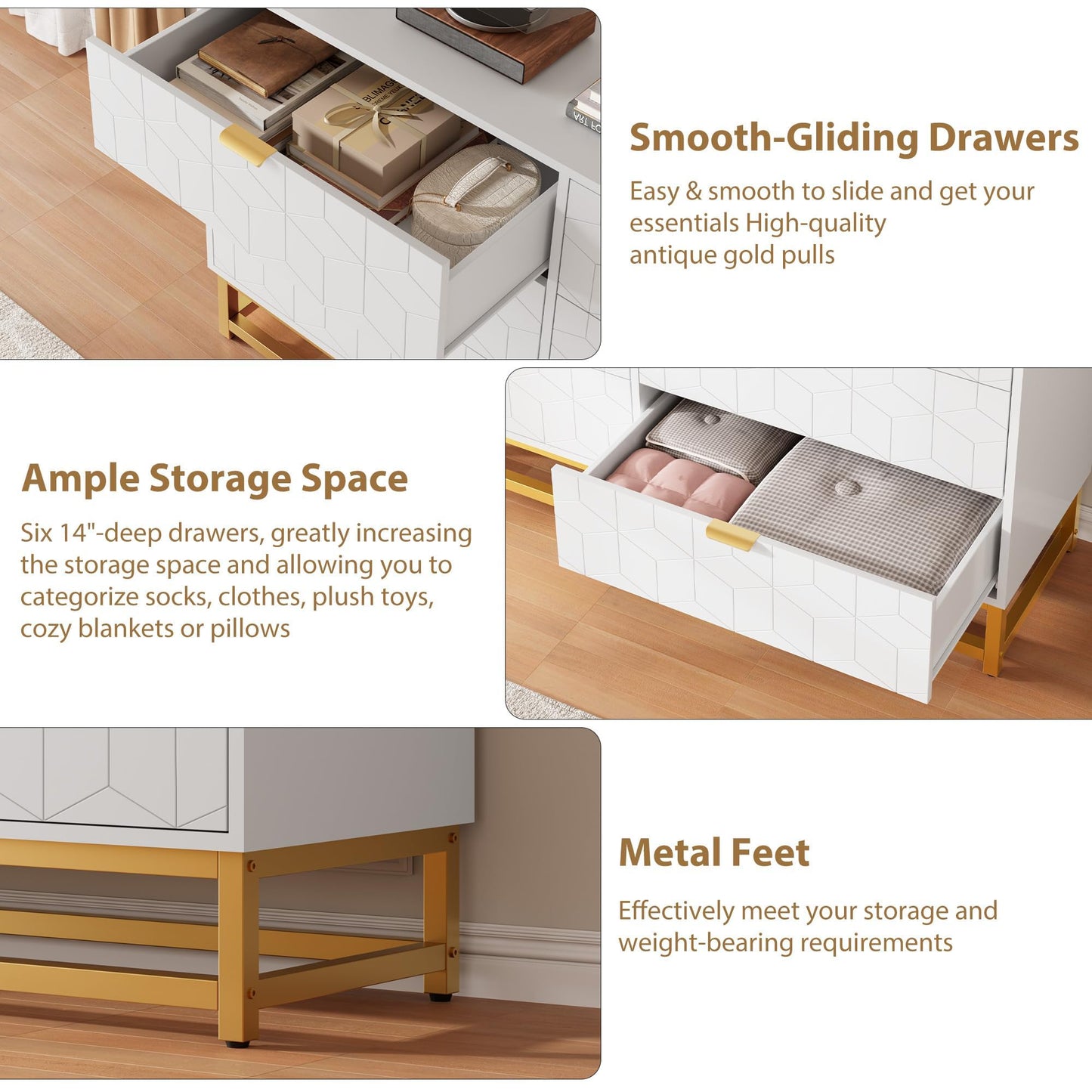IDEALHOUSE White 6 Drawer Dresser for Bedroom, 53.5” Large Dresser with Metal Legs, Modern Chest Organizer with Wide Storage, Chest of Drawers for Bedroom, Living Room, Entryway