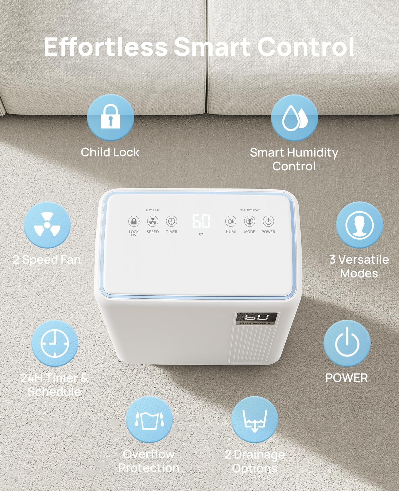 30 Pint Dehumidifier for Basement, 2500 Sq. Ft Dehumidifiers for Home with Drain Hose, 3 Modes, Smart Humidity Control, 24H Timer, 0.52 Gal Water Tank, for Whole House, Bedroom, Bathroom, Garage, Rv