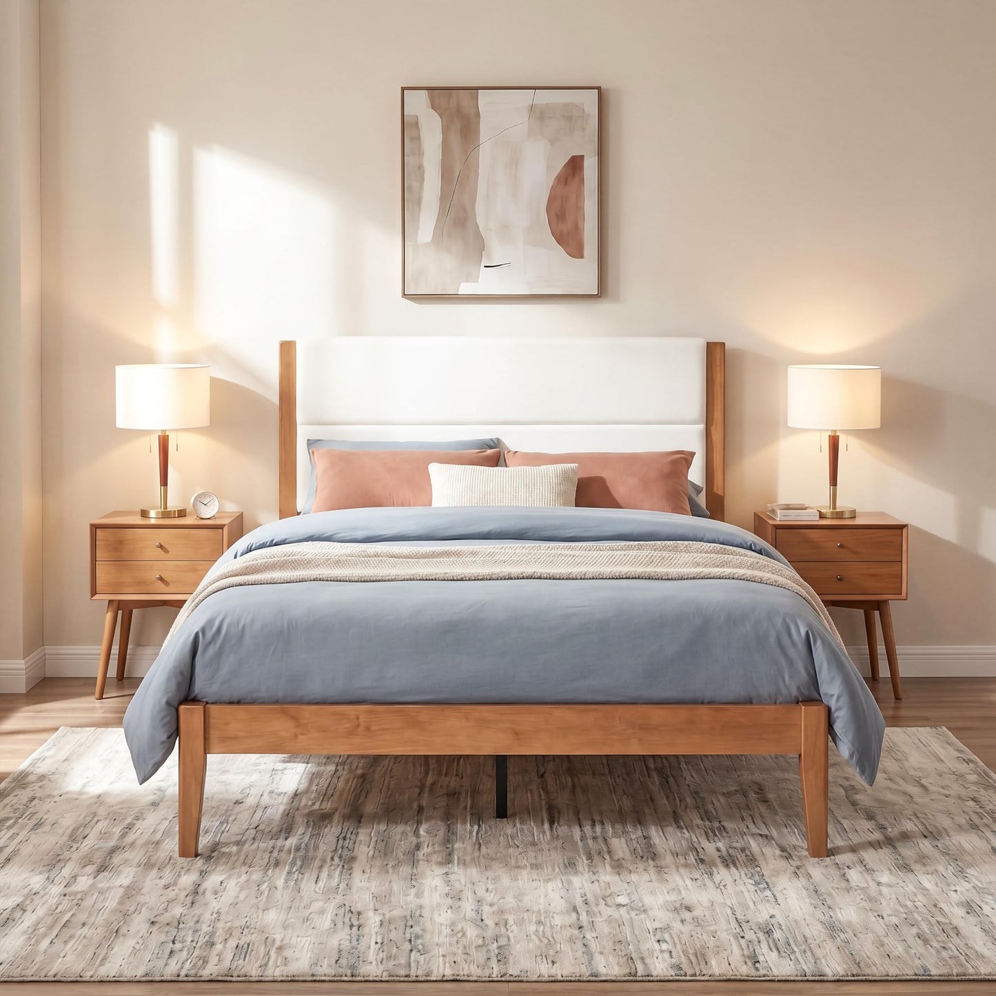 Merax Full Size Mid-Century Modern Platform Bed Frame with Fabric Upholstered Headboard, Solid Wood Slat Support, No Box Spring Needed, Noise-Free, Underbed Storage Space, Easy Assembly, Brown