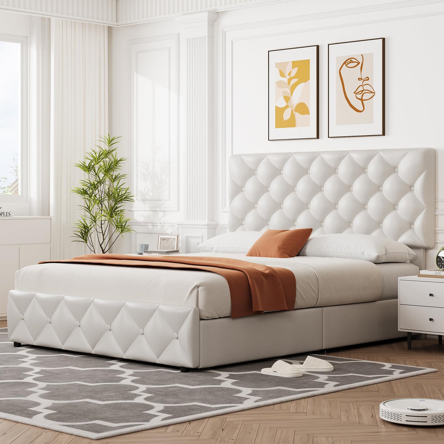 Garvee Queen Size Platform Bed Frame, Faux Leather Upholstered Bed Frame with Adjustable Headboard & 4 Drawers, Modern Bed Frame, Wooden Slats Supports, No Box Spring Needed, White