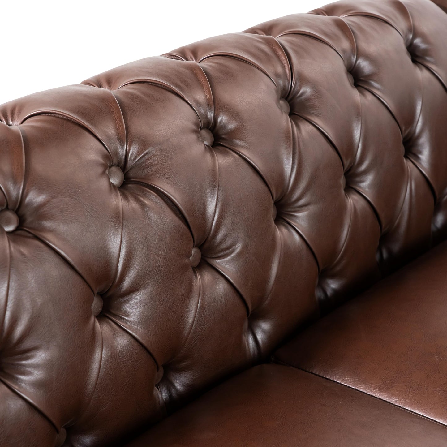 Merax PU Chesterfield Sofa, Retro Upholstered 6 Seater Leather Rolled Arm Couch for Living Room Bedroom, Dark Brown