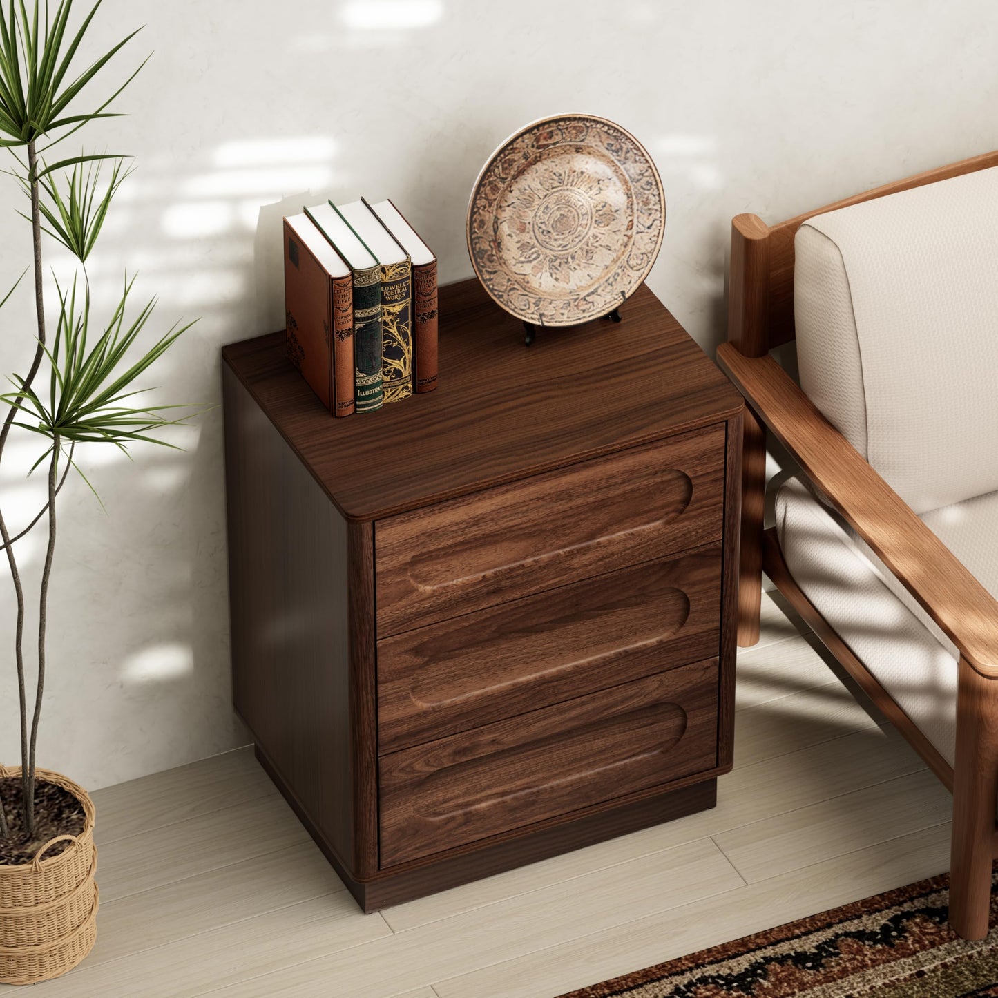 Aoikax Modern 3 Drawer Nightstand X 2P with Push-to-Open Drawers, Mid-Century Bedside Table with Raised Base for Bedroom, Oval Groove Panel Front, Dark Walnut Color
