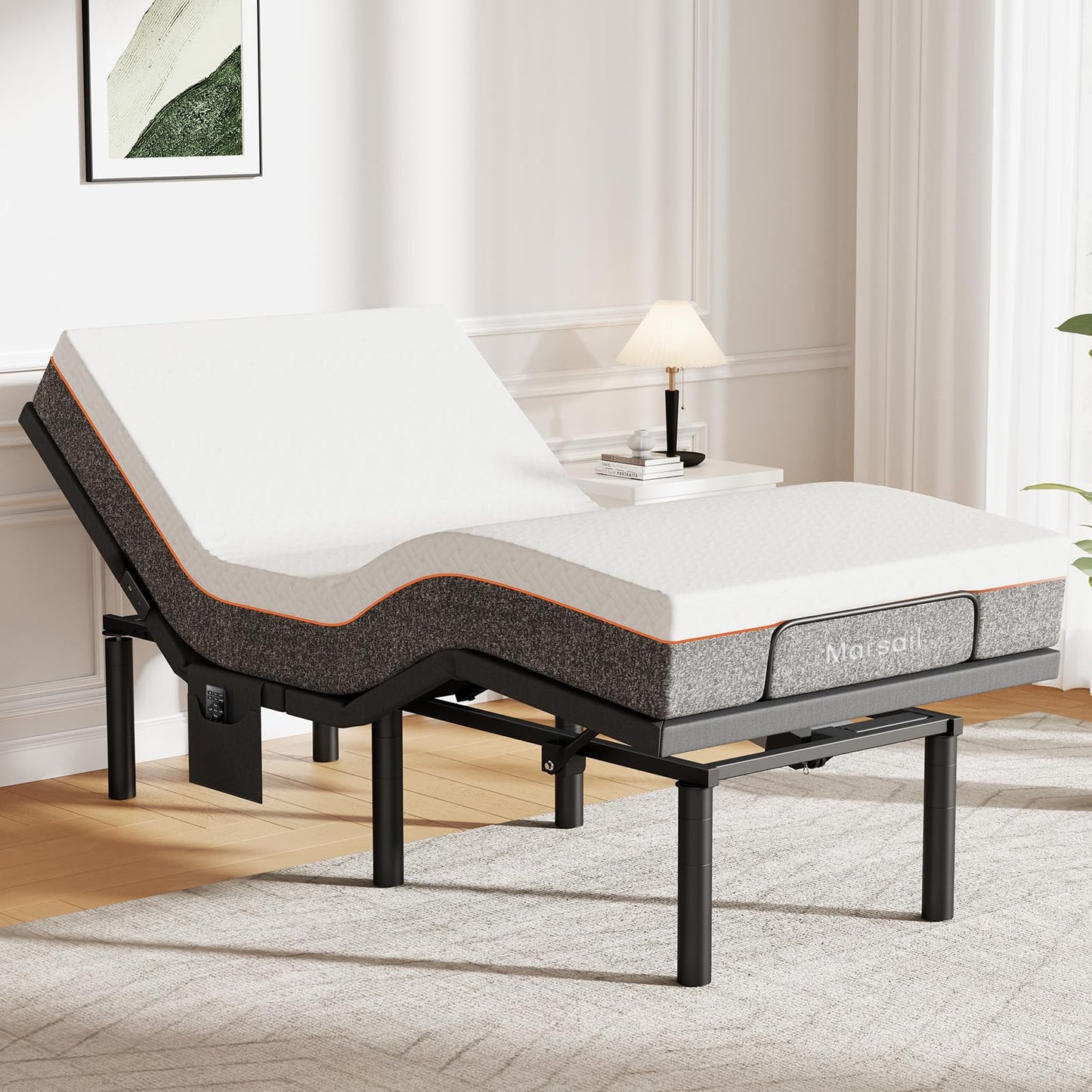 Marsail Twin XL Adjustable Bed Base Frame, 4 Ports USB A&C Adjustable Bed Base with Under-Bed Nightlight, 3 Minutes Fast Assembly, Wireless Remote Control Adjustable Bed with 4 Height Options