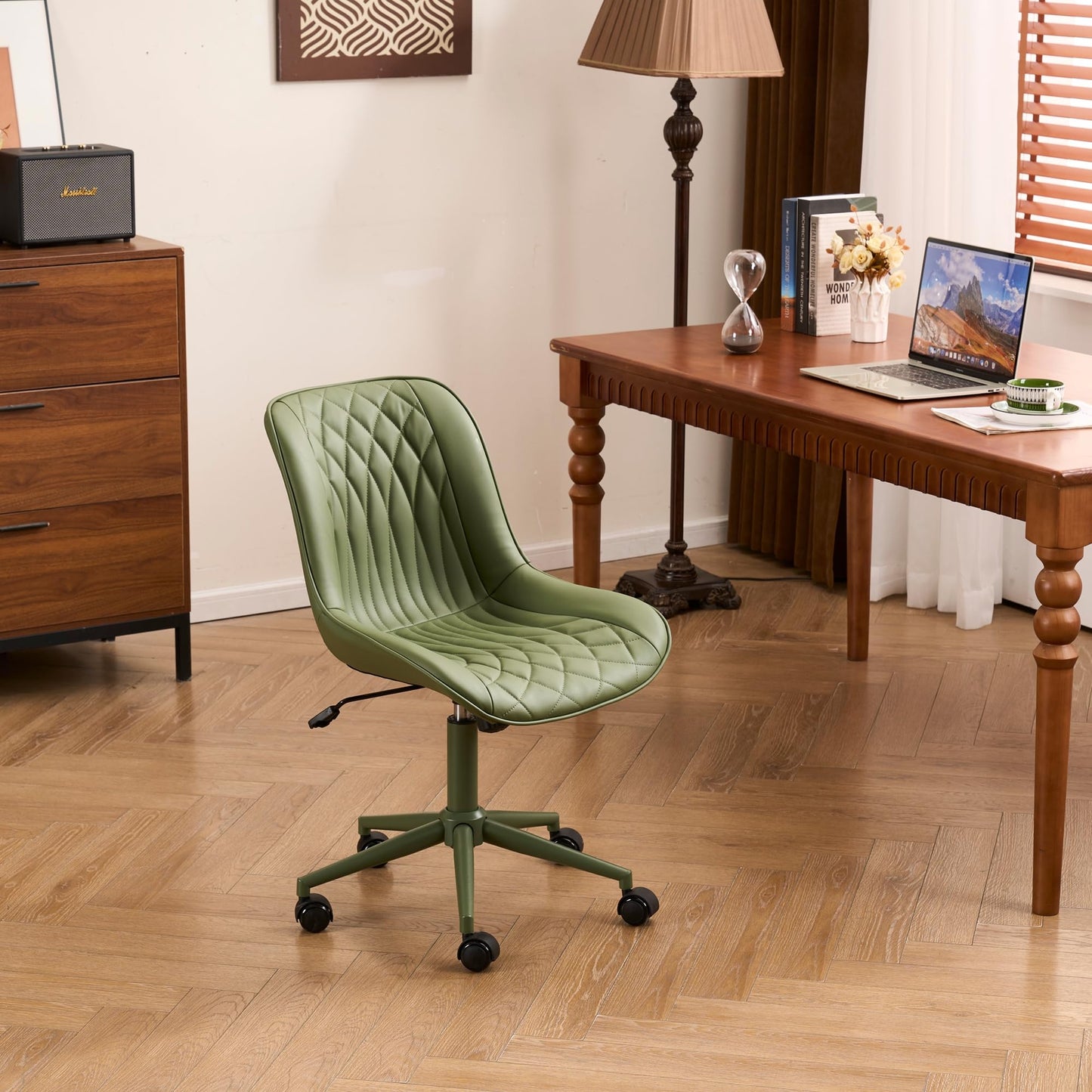 YOUNIKE Olive Green Faux Leather Ergonomic Office Chair Armless Comfy Desk Chair with Rocking Back Cute Swivel Vanity Chair with Wheels Height Adjustable Small Computer Task Chair for Sewing Drafting