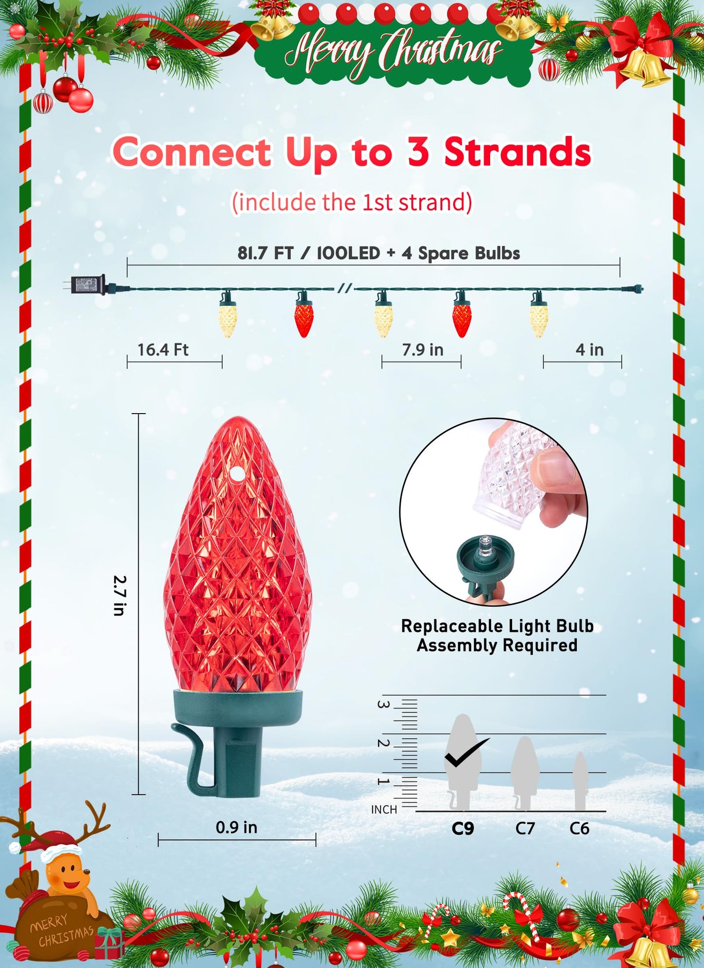 Minetom C9 LED Christmas Lights Outdoor, 100 Lights, 81 Feet, Waterproof, Timer, Red & Warm White