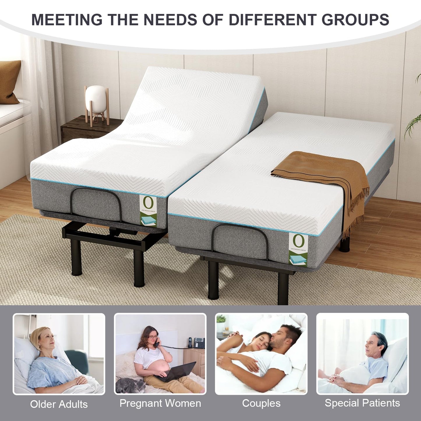 Split King Adjustable Beds with Thickened Frame, Adjustable Bed Frame with with Wireless Remote, Separate Head/Foot Lift, Massage, Zero Gravity,USB Ports, Adjustable Bed Bases with Sturdy Metal