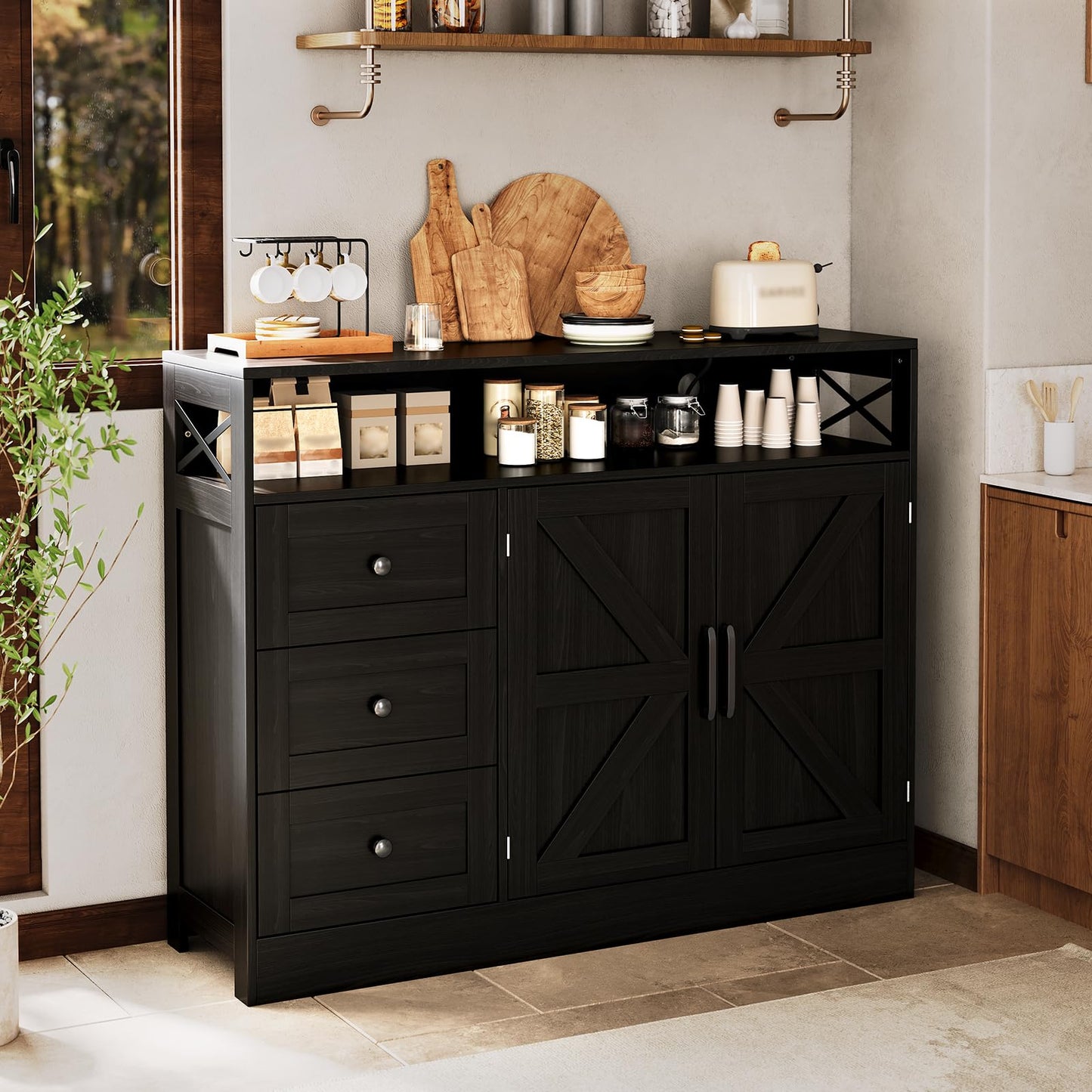 47" Antique Black Storage Cabinet with 2 Doors & 3 Drawers, Farmhouse Sideboard Buffet Cabinet with Adjustable Shelf & Built-in Power Outlet, Coffee Bar Station Table for Kitchen, Living Dining Room