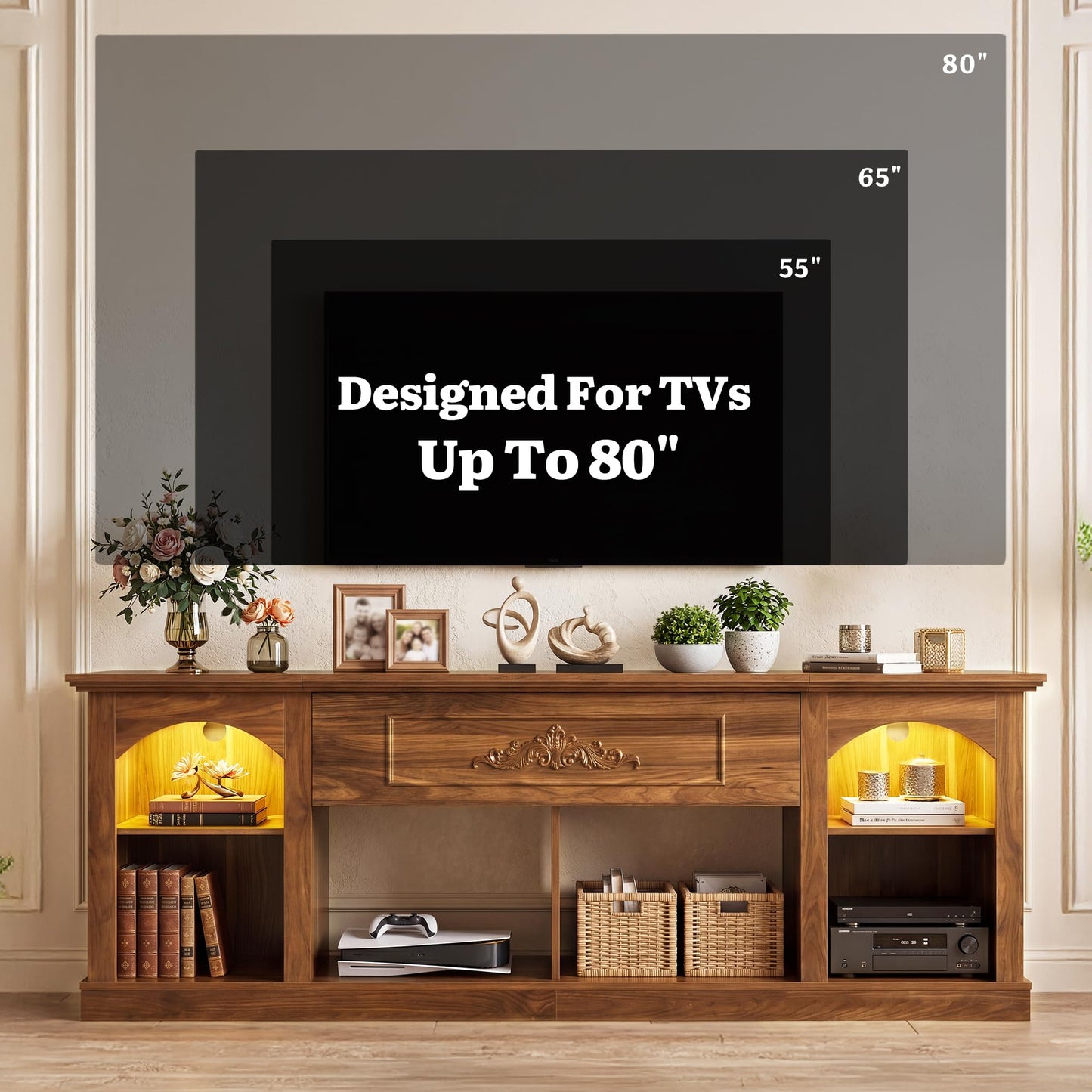 YITAHOME Farmhouse TV Stand with RGB LED Lights, 70 inch Entertainment Center with Flip-Down Carved Door, Media Console for 75/80 Inch TV, Adjustable Shelf & Open Storage for Living Room, Walnut