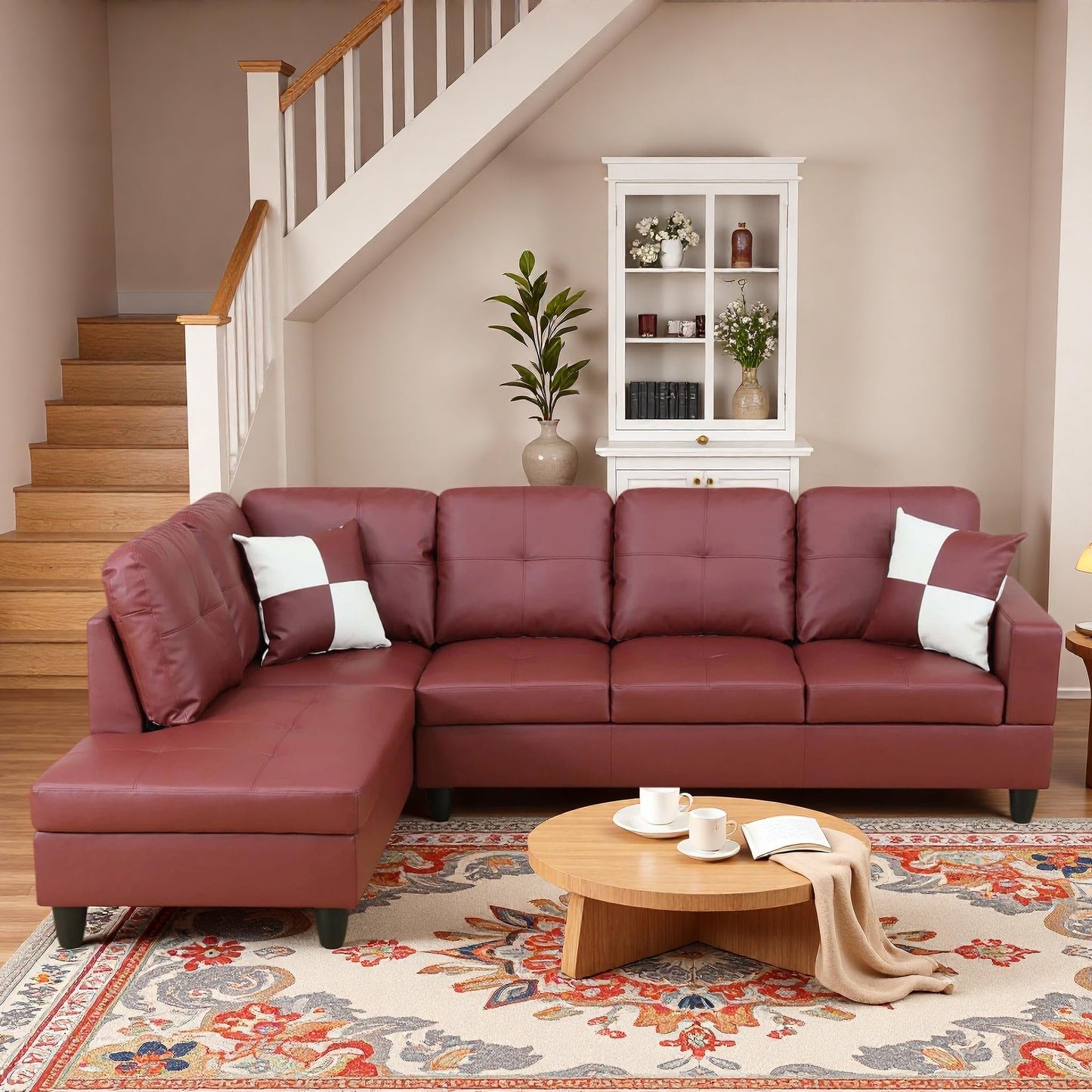Trygoal L-Shaped Sectional Sofa, Modern 4-Seat Couch with Left Facing Chaise, Leather Sectional Couch for Living Room, Apartment, Office, Dark Red