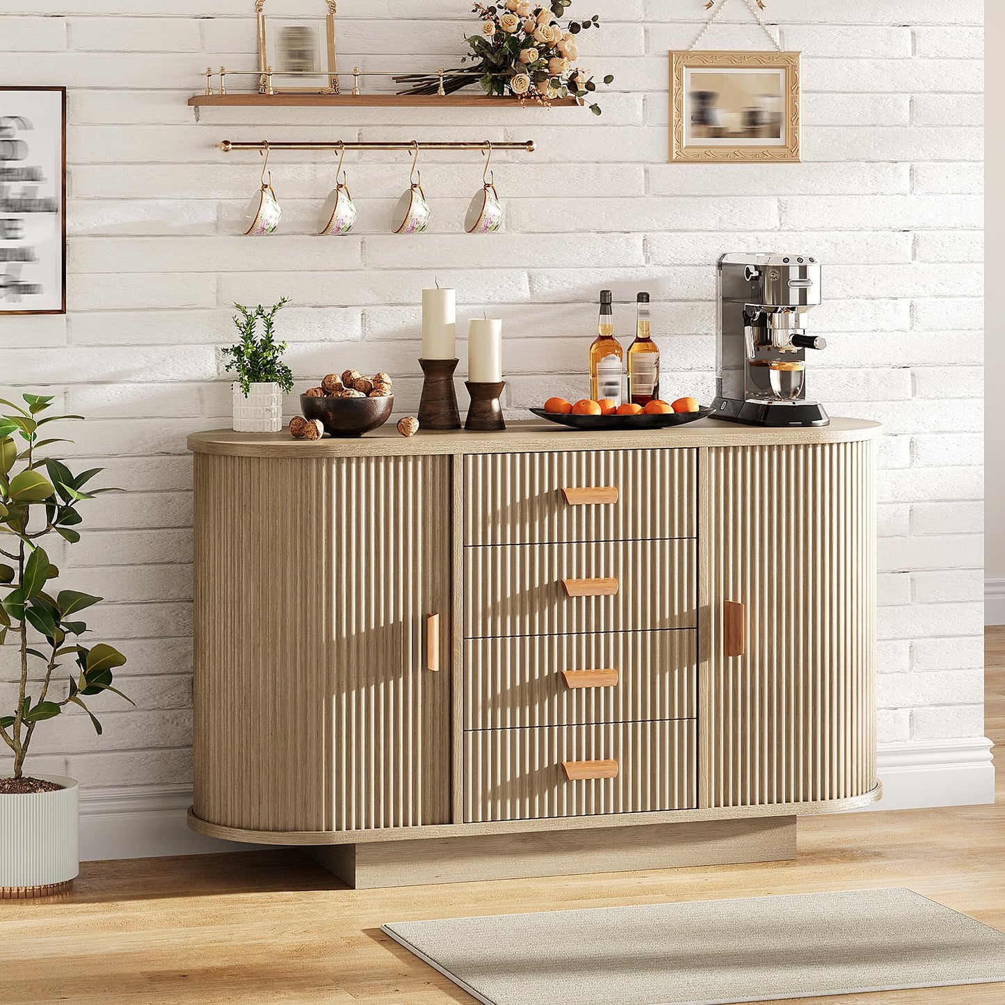 Garvee 47" Sideboard Buffet Cabinet with Storage, Fluted Coffee Bar Cabinet with 4 Drawers and 2 Arched Sliding Doors, Modern Wood Storage Buffet Table for Kitchen, Living Room- Natural Oak