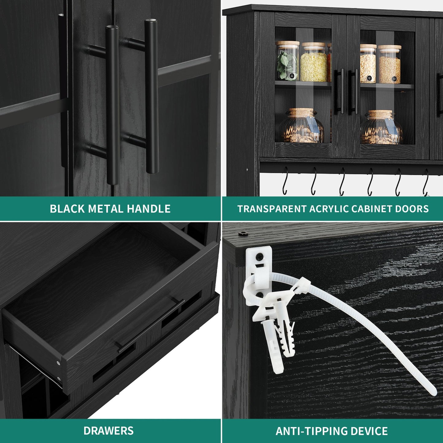 YITAHOME 71'' Kitchen Pantry Storage Cabinet with Microwave Stand, Tall Freestanding Hutch Cabinet with Power Outlet, Pantry Cabinets with Buffet Cupboard, Drawers and Acrylic Doors for Home, Black