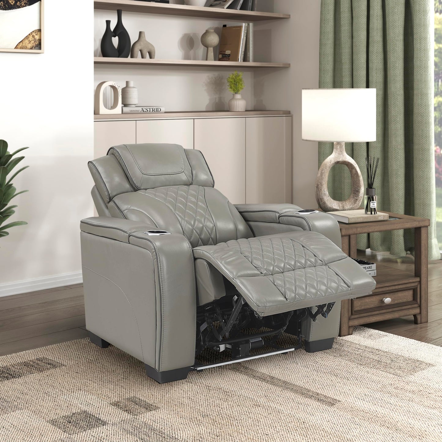 Lexicon Leather Power Recliner Chair with Heat/Massage/Headrest/Storage Arms/Cup Holders/LED Lights and Charging Ports, Top Grain Leather Match Wall Hugger Power Recliner Chairs for Adults, Grey