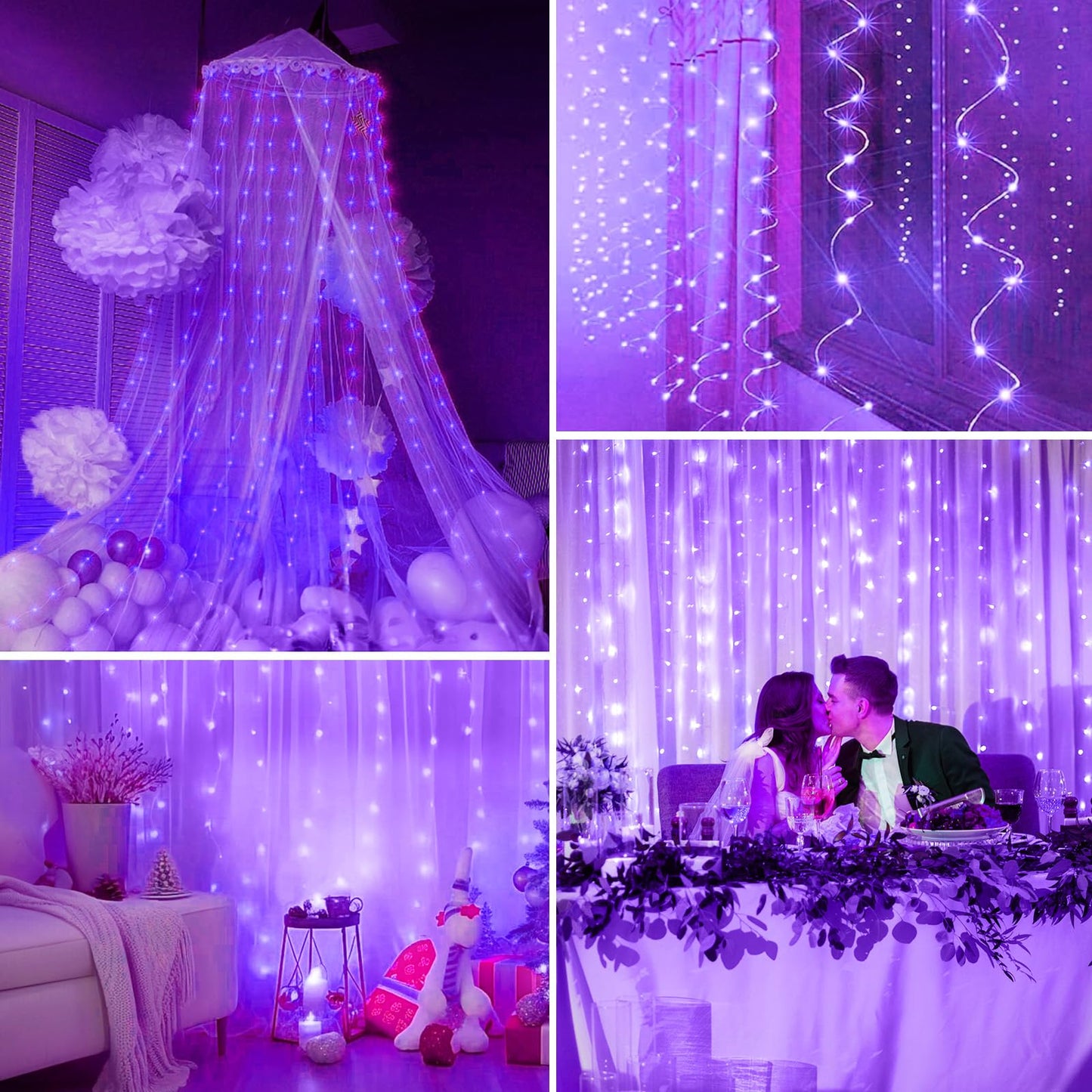 Minetom Purple Curtain Lights, 300 LED Dimmable Fairy Lights, USB Powered, 1 Pack, 8 Modes