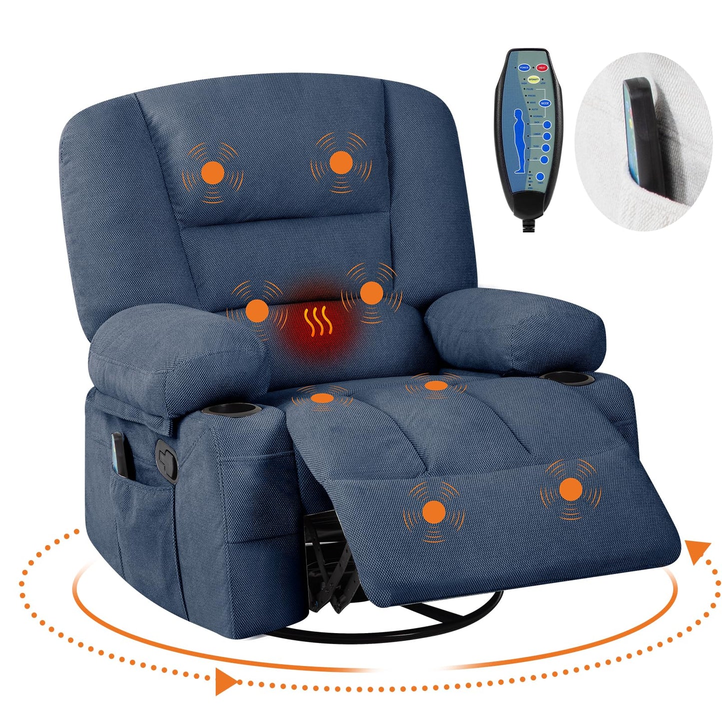 Rocker Recliner Chair with Heat and Massage,Nursery Recliner 360° Swivel Oversized Chairs for Adults,Chenille Lazy Boy Single Sofa Seat with 3 Positions,Side Pockets,2 Cup Holders for Living Room,Blue