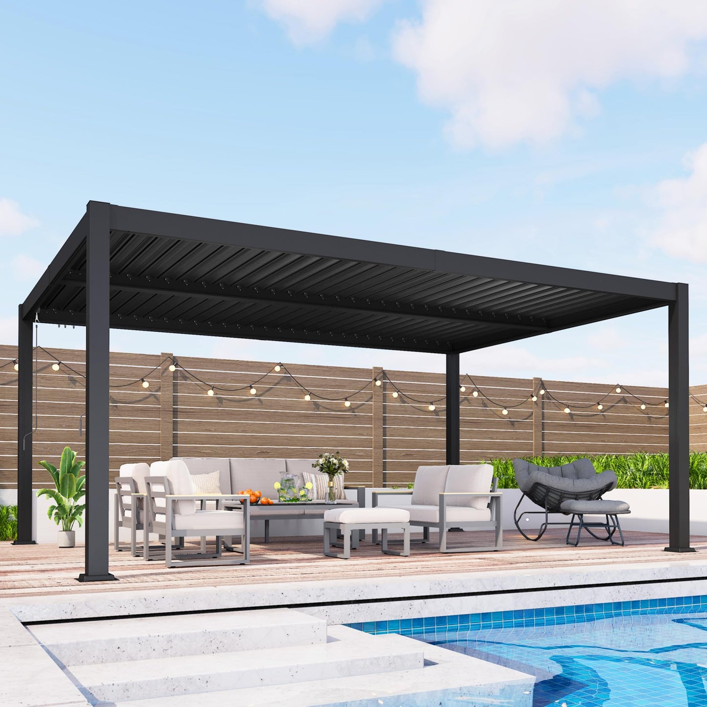 12' x 16' Louvered Pergola, Metal Outdoor Pergola with Adjustable Louvered Roof & Gutter System, Hardtop Patio Gazebo for Backyard, Deck, Garden, Dark Gray