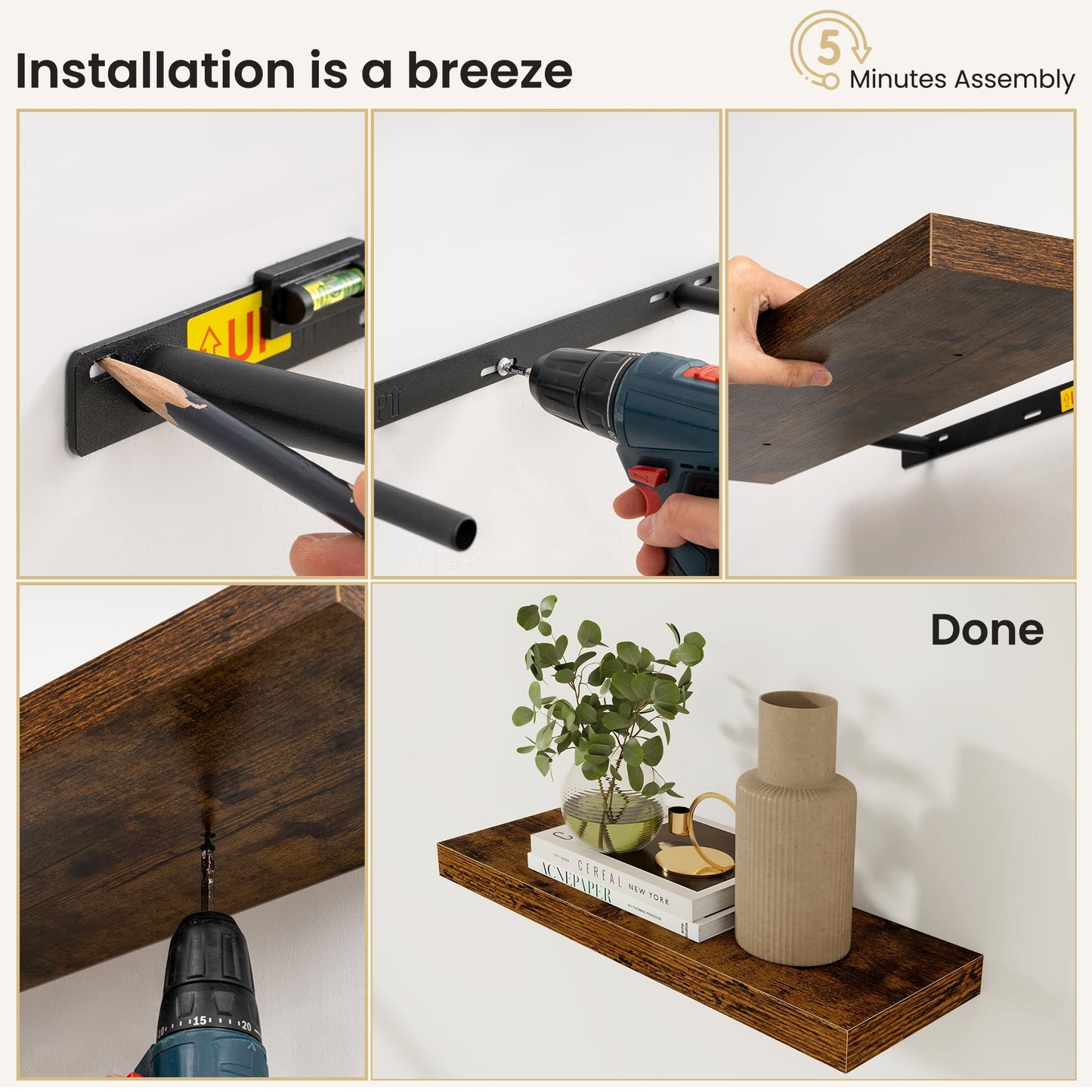 Fun Memories Floating Shelves for Wall, 72 Inch Long Set of 2 Rustic Wood Wall Shelves with Invisible Brackets, Heavy Duty Storage Display for Living Room Bedroom Kitchen, Brown