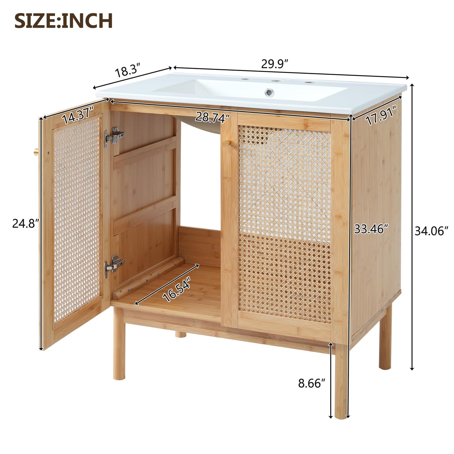 Merax 30" Fluted Bathroom Vanity with Ceramic Sink Combo,Freestanding Modern Bathroom Storage Vanity Cabinet with Featuring Handmade Rattan Doors,Zinc Alloy Handle,Wood