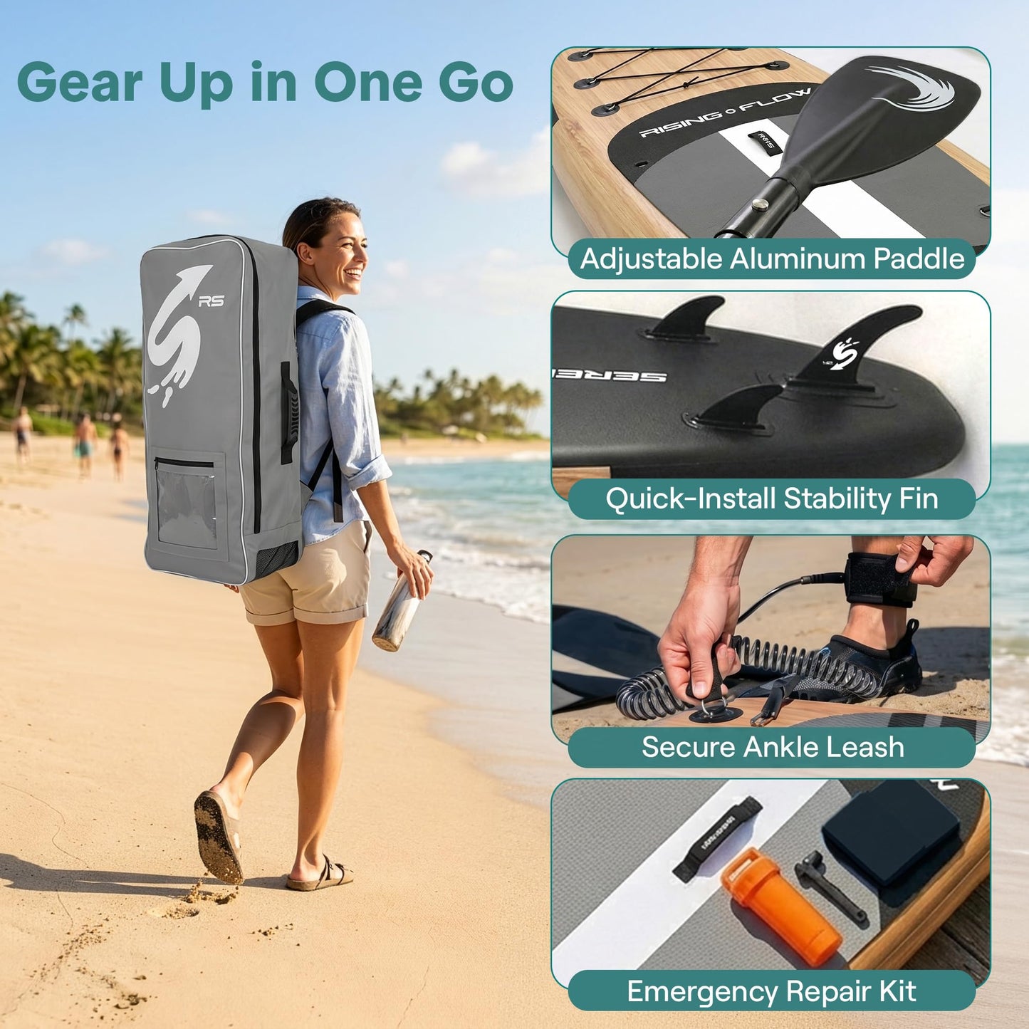 SereneLife Inflatable Stand Up Paddle Board - Wide Stable Design, Non-Slip Deck for Adults & Youth with Premium Paddle Board Accessories: Carry Bag, Dual Action Pump, Paddle, Ankle Leash - 10'6"