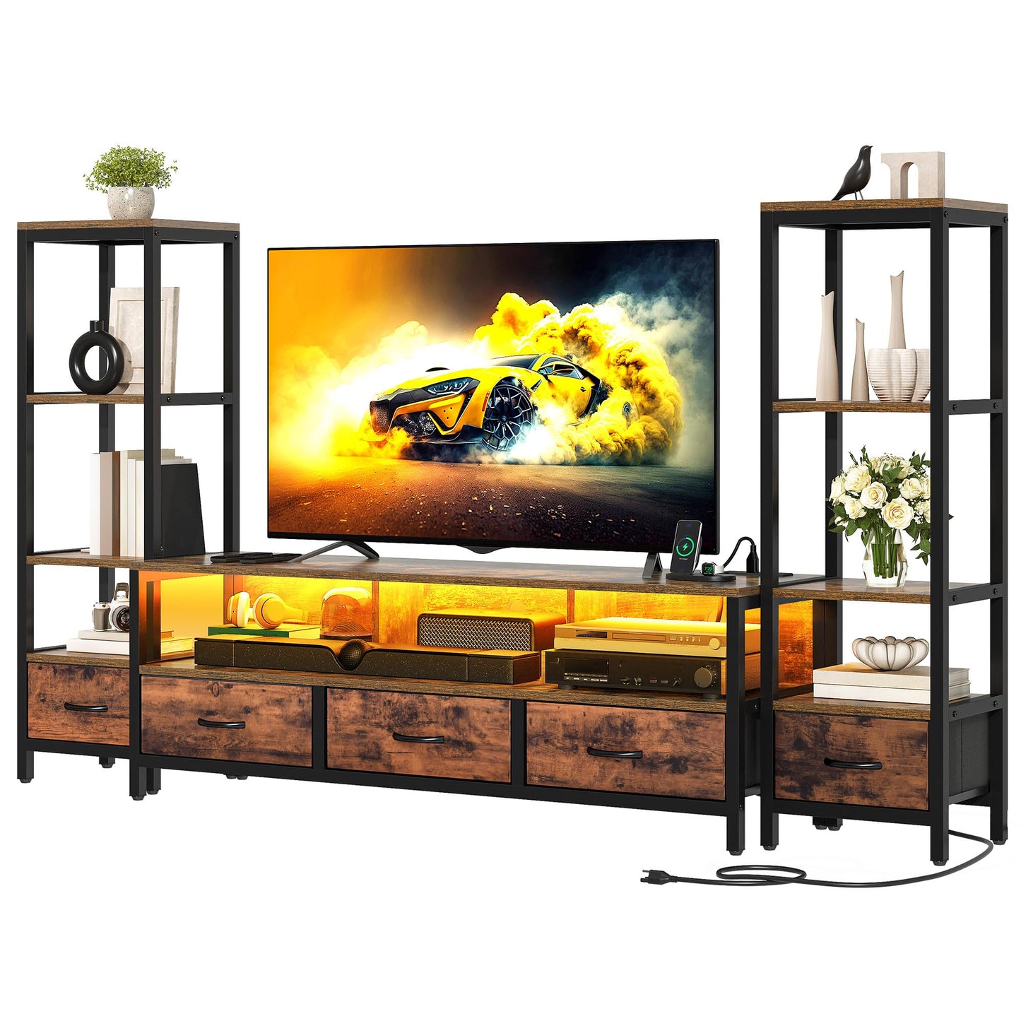 YITAHOME TV Stands for 65 inch TV Entertainment Center with 2 Industrial 4-Tier Bookshelves, LED TV Stands for Living Room, Modern Farmhouse TV Console Cabinet with Power Outlets, Rustic Brown