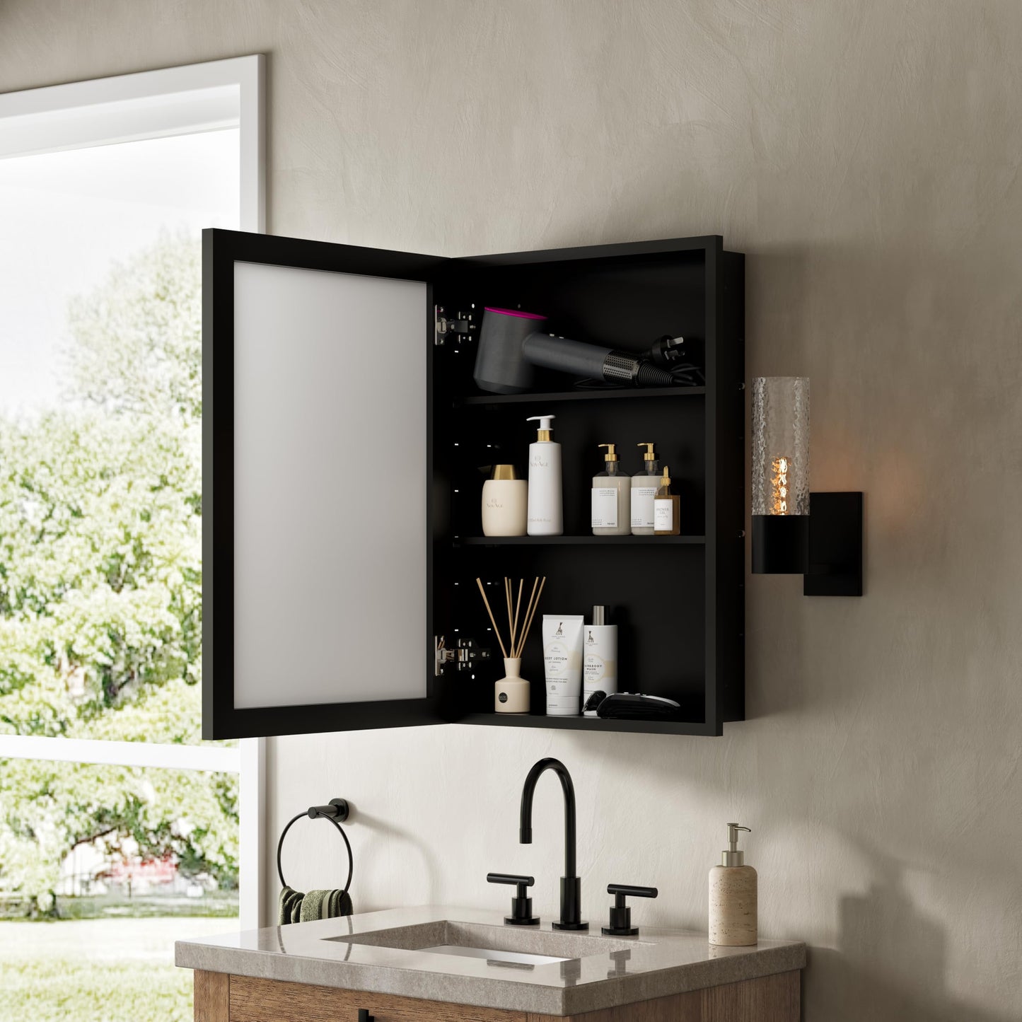 24"x30" Medicine Cabinet Mirror with Large Capacity,Black Metal Mirror Cabinet and Iron Medicine Cabinet for Bathroom,Recessed(22.85"x28.85") or Surface Wall-Mounted(24"x30") Bathroom Vanity Mirror