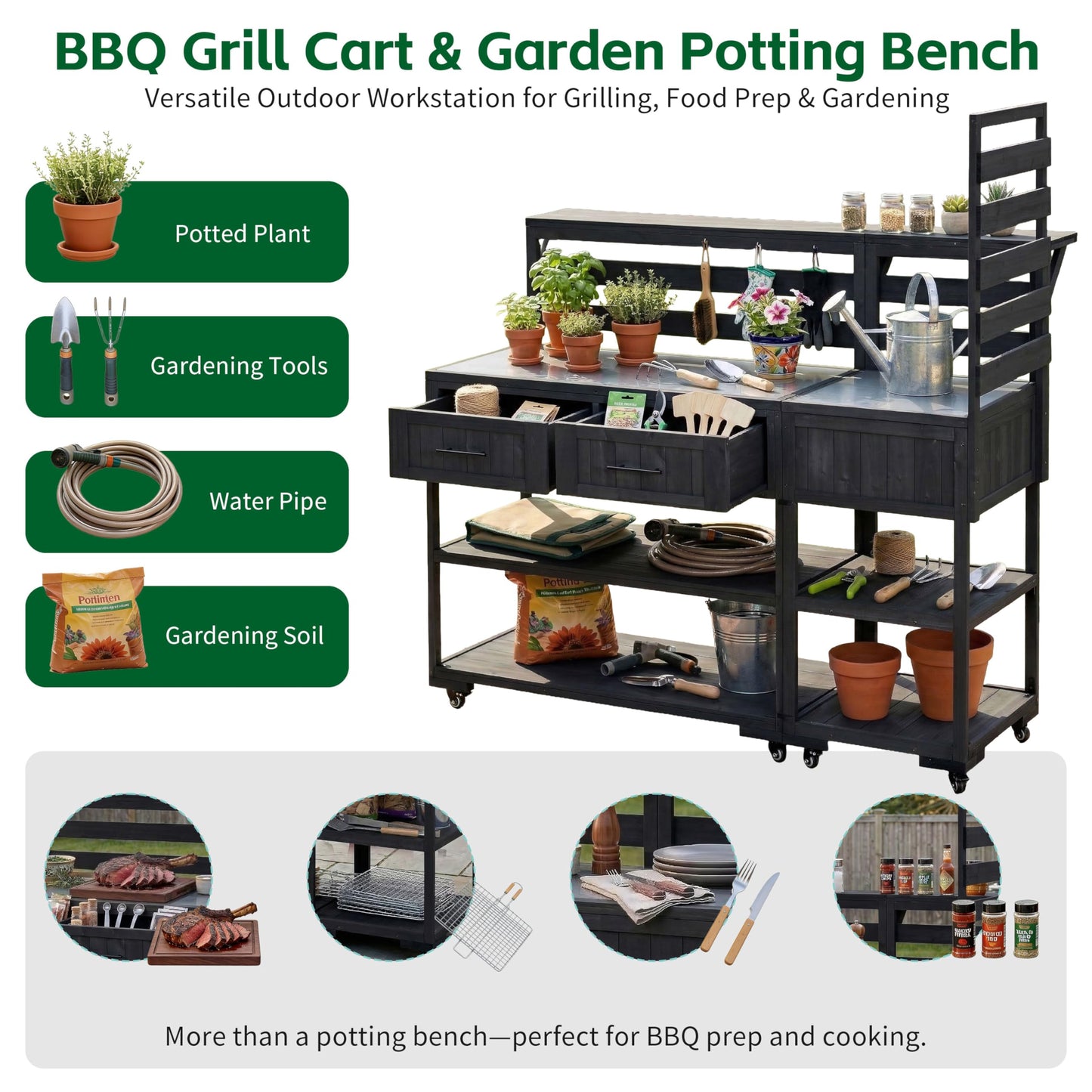 Merax 62.3'' Outdoor Mobile Kitchen Island on Wheels with Stainless Table Top, Outdoor Prep Cart Grill Table with Raised Shelf and Drawers for BBQ, Party, Black