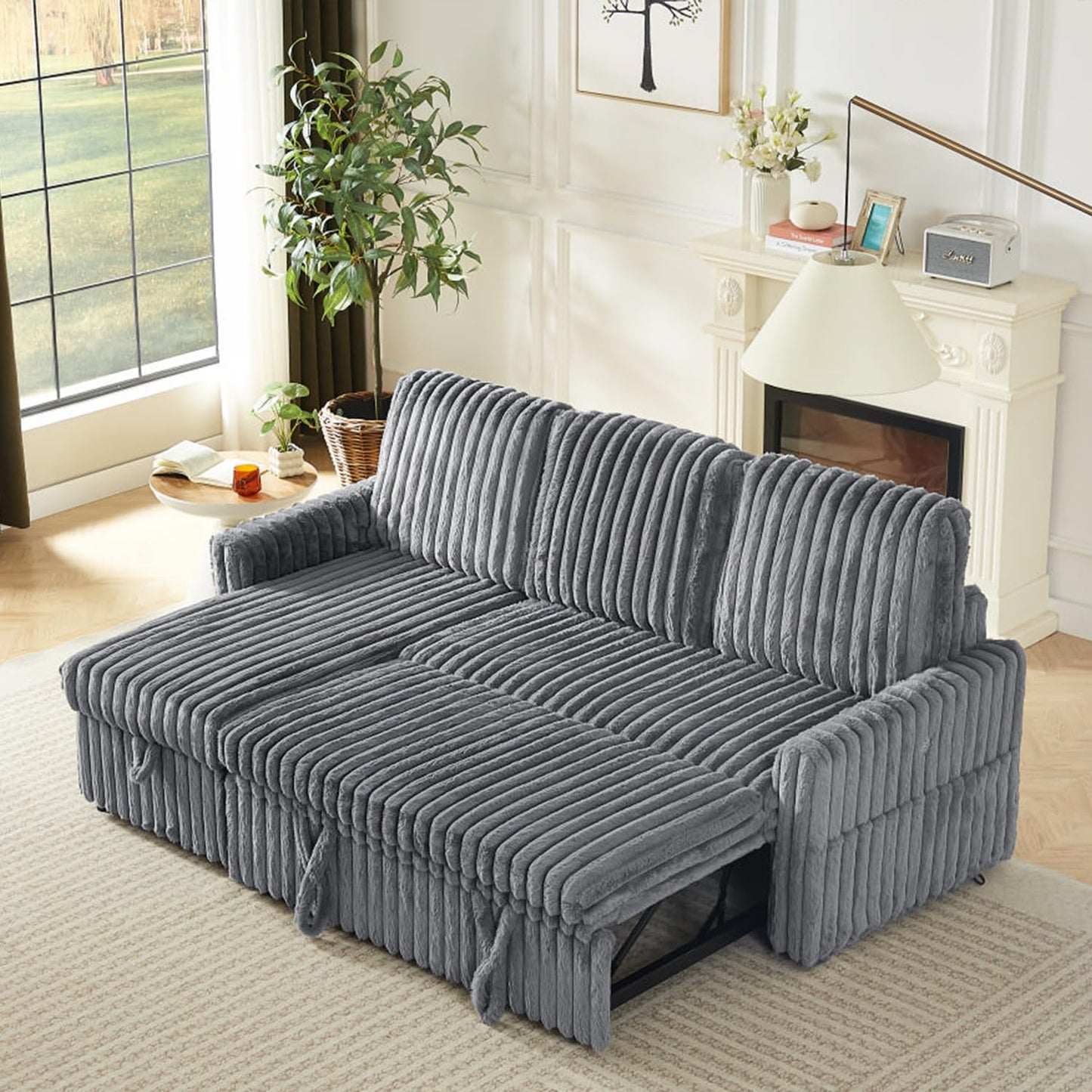 KCGKCG Sleeper Sofa Bed, 81” Pull Out Couch Bed with Reversible Storage Chaise, 3 in 1 L-Shaped Couch with Charging Station, Cup Holder, Side Pocket, Plush Corduroy Couches for Living Room(Light Grey)