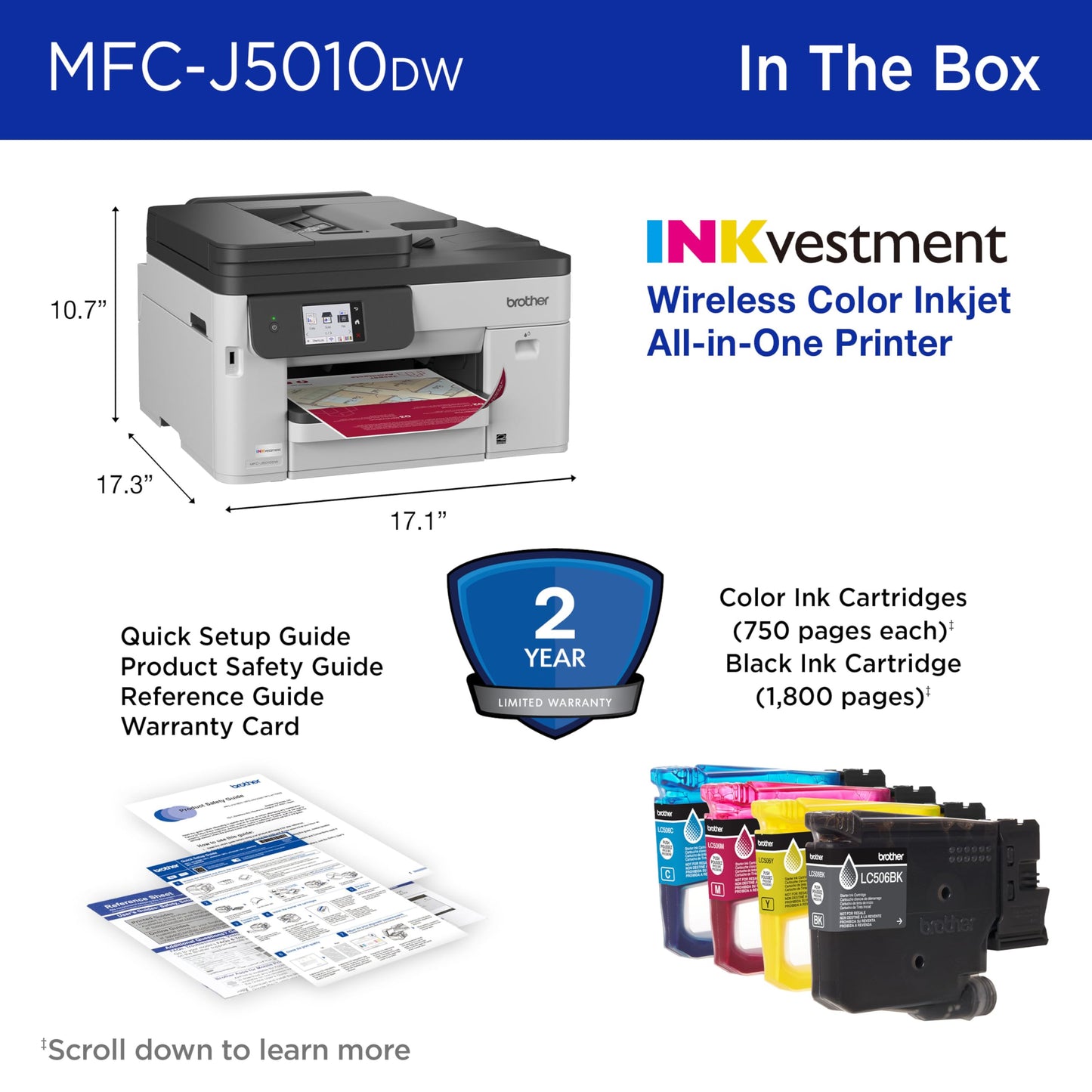 Brother INKvestment 5010 Wireless Color Inkjet All-in-One Printer with Automatic 2-Sided Copy & Scan with 2.7” Color Touchscreen (MCF-J5010DW)