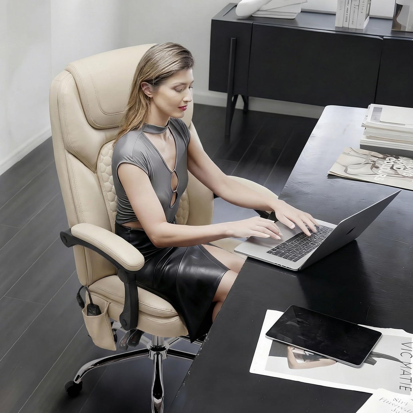 MALOL Massage Office Chair Set of 2 with 3-Level Heat and Footrest – 20-Min Easy Assembly, 300 lbs Big and Tall Desk Chair, PU Leather Ergonomic Executive Computer Chair with Side Pocket, Beige