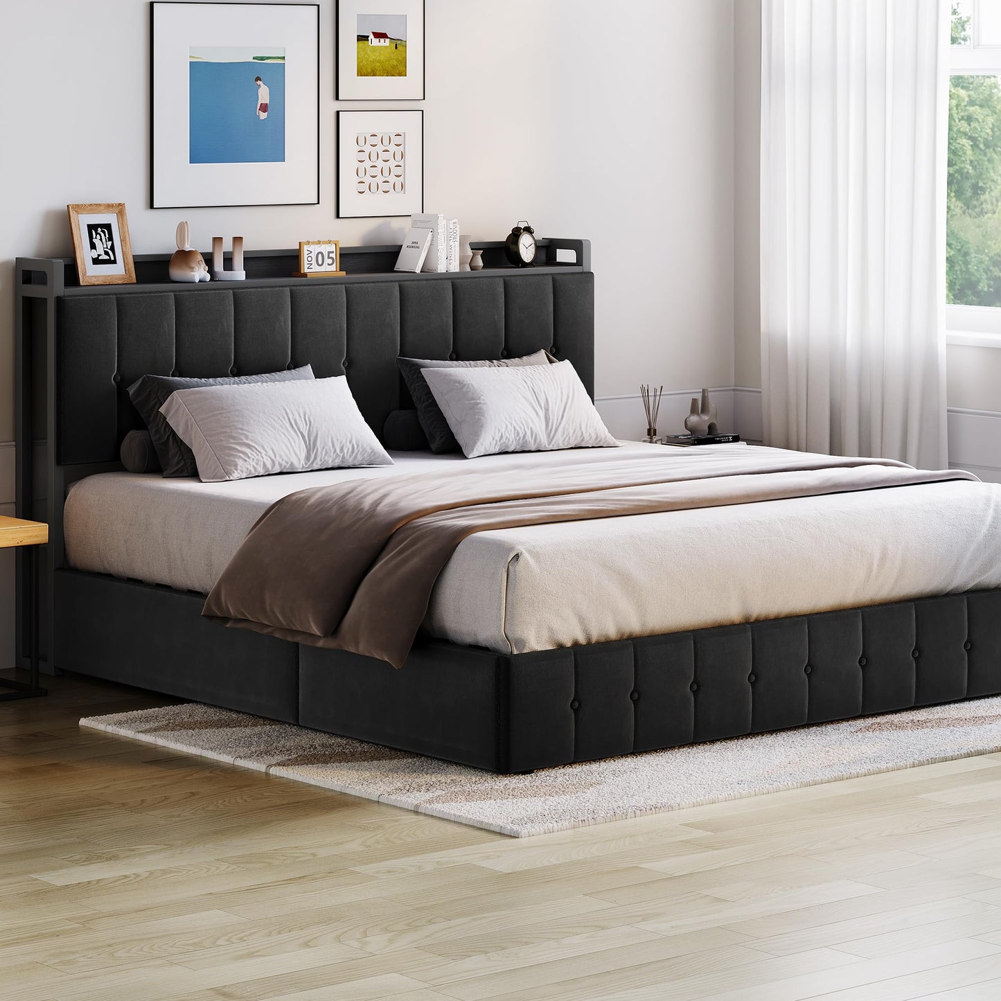 GarveeHome King Bed Frame with Lift Up Storage, Upholstered Velvet Bed with Storage Headboard, Metal Platform Bed, Hydraulic Support, No Box Spring Needed, Black