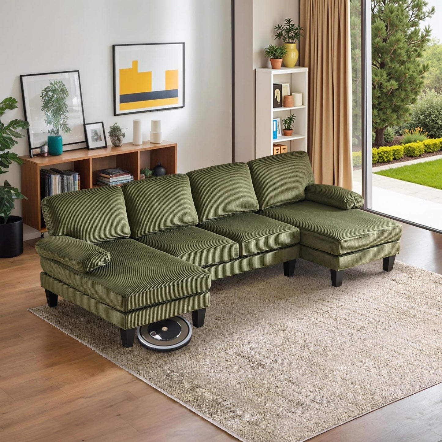 VINGLI 110" Sectional Couches for Living Room,U Shaped Couch with Double Chaise, 4-Seat Sofa Set with Corduroy Fabric for Home Furniture,Green