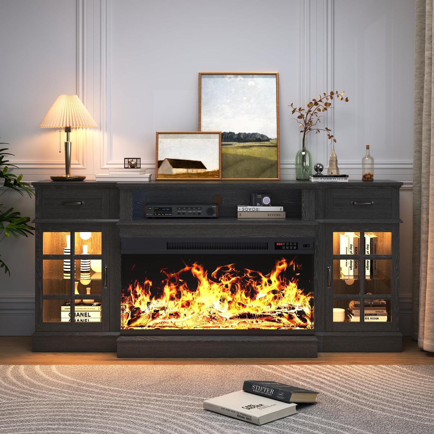 MXV 70" Fireplace TV Stand, 3-Sided Glass Fireplace and Modern Entertainment Center, Wooden Media Console with Glass Doors & Storage Drawers, LED Light, for Living Room, Black