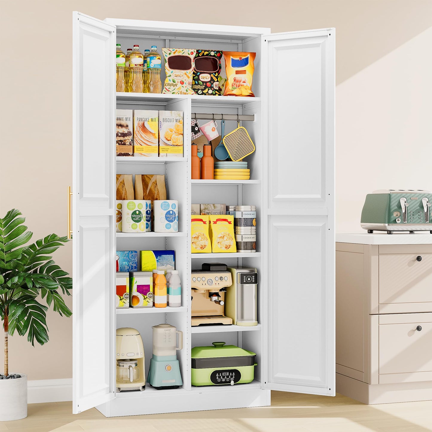 SISESOL 71" Tall Storage Cabinet with 9 Shelves and Hanging Rod,Kitchen Pantry Cabinet with 2 Door,White Metal Storage Cabinets,Large Cupboard for Home,Kitchen,Laundry,Bathroom