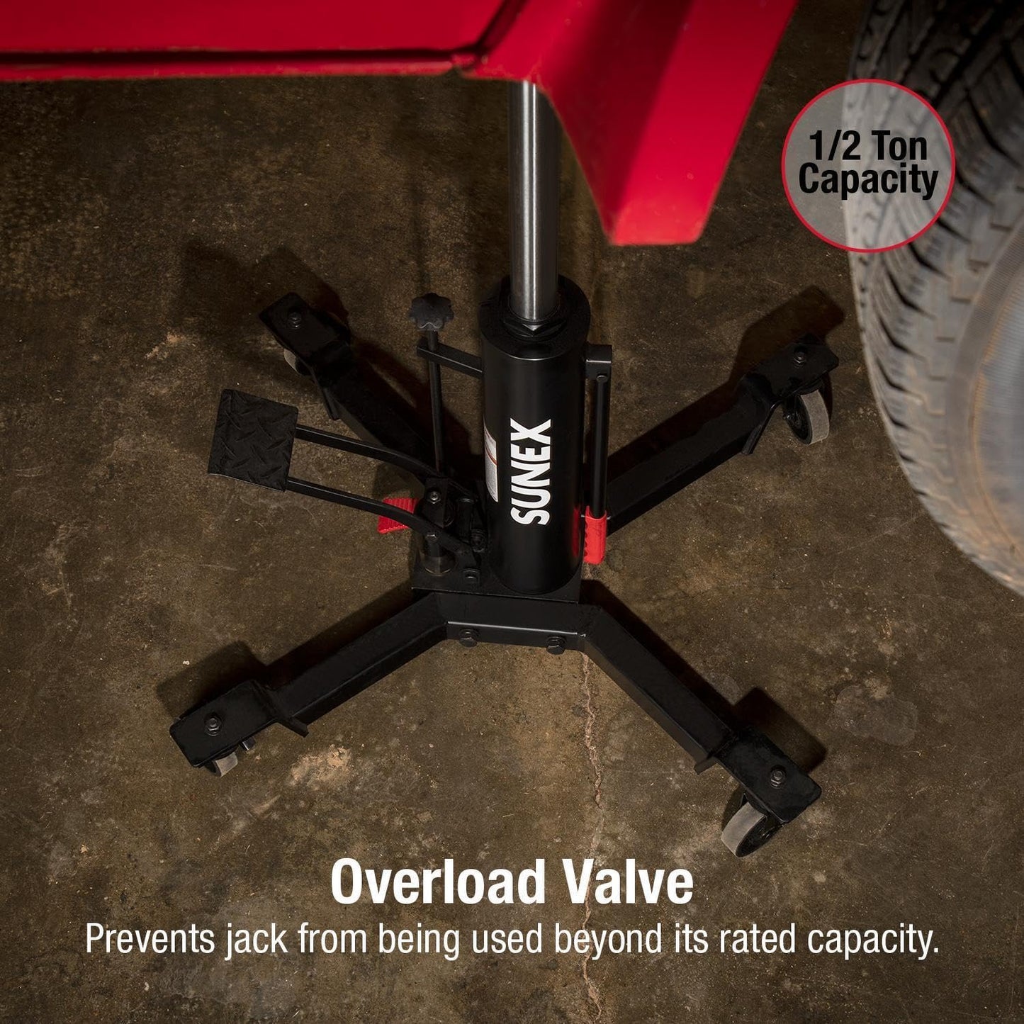 Sunex Tools 7793B 1,000 lb Telescopic Transmission Jack, Hydraulic, Foot Pump Operated, Tilt Saddle with Chain Tie-Down, 74.2 in Max Height