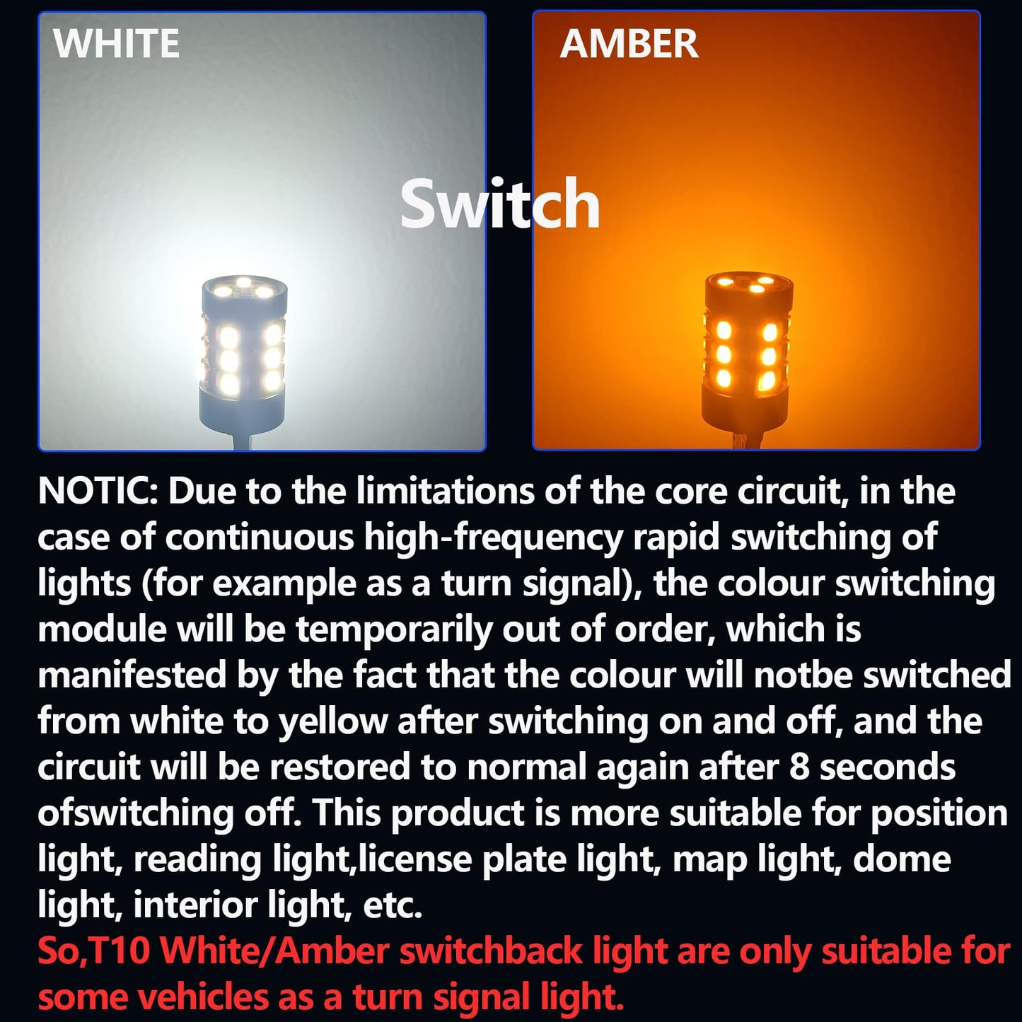 Fenikso LED Light Bulb 42SMD Switchback W5W T10 White/Amber for Car Dome Map License Plate Dash Instrument Lights 2Pcs
