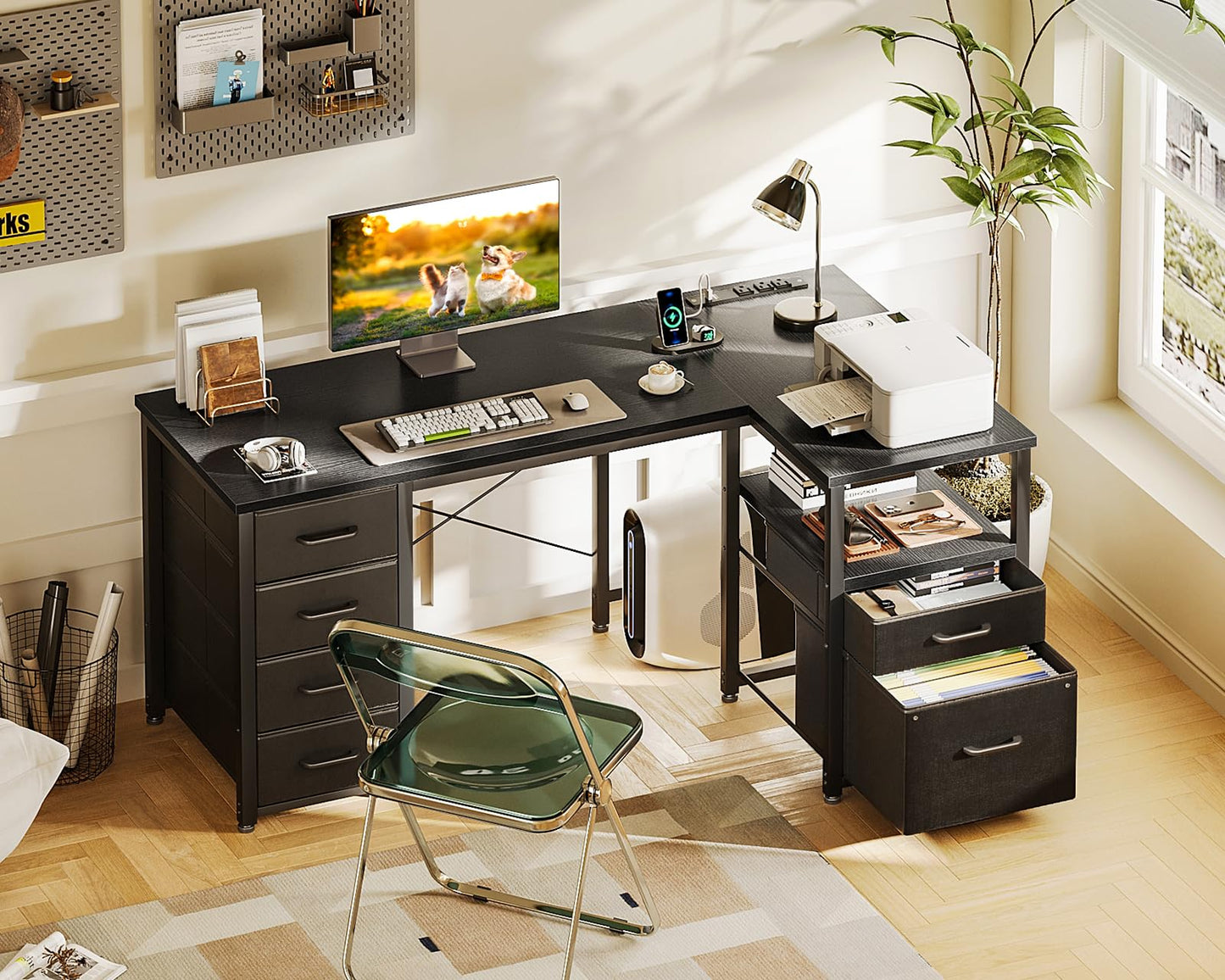 Coleshome L Shaped Computer Desk with 6 Drawers & Power Outlet, 55 Inch Corner Desk with Reversible Storage Shelf & File Drawer, Home Office Desk, Black