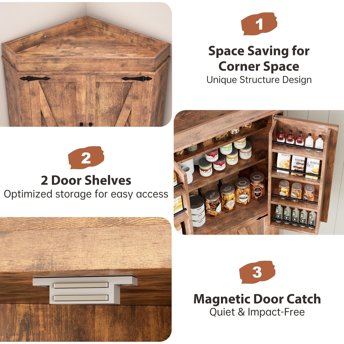 Corner Cabinet,71'' Kitchen Pantry Storage Cabinet with 4 Doors and Shelves, Tall Food Pantry Storage Cabinet Farmhouse Furniture for Kitchen Dining Room, Brown