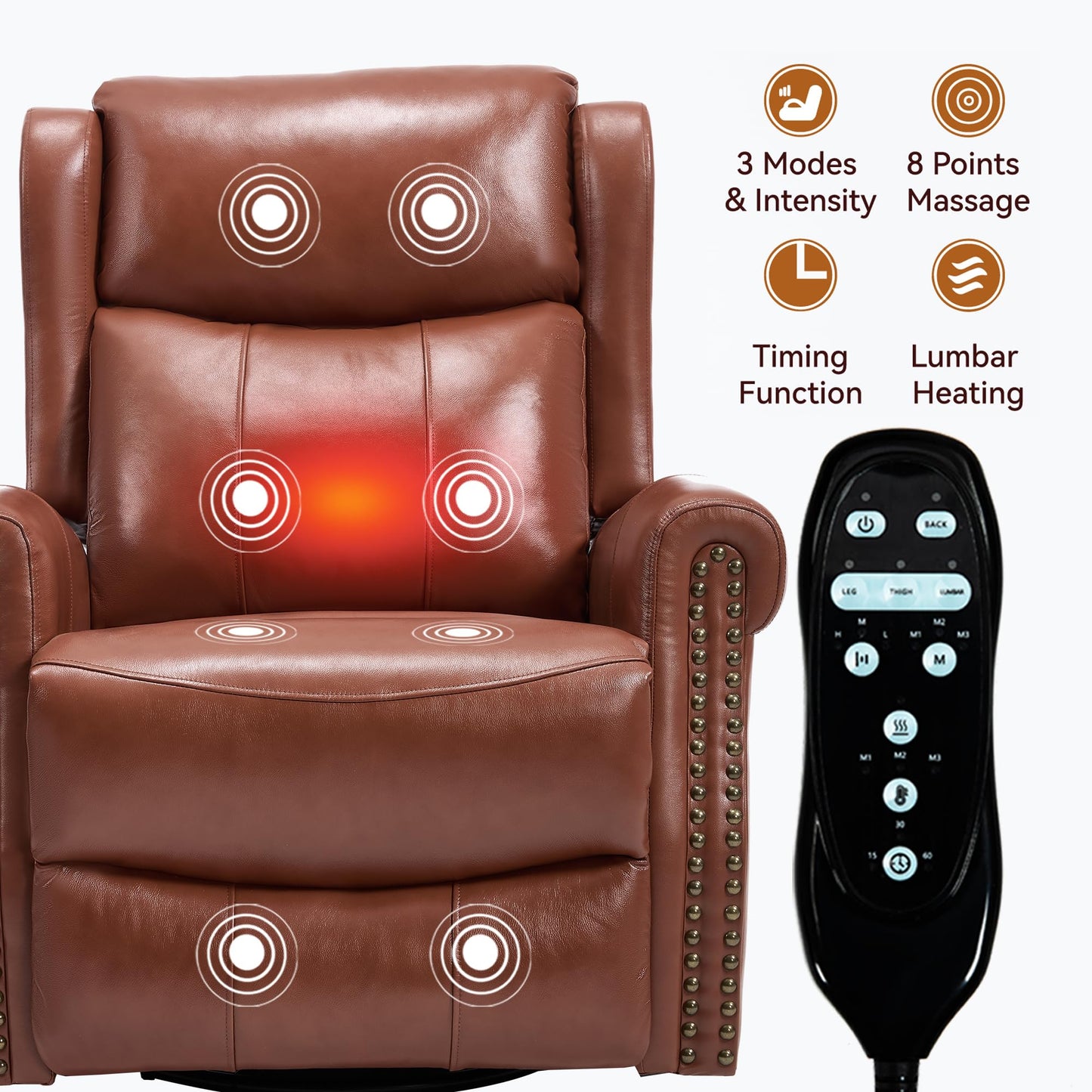 KEIKI Heat Massage Recliner Chair with Rocker & 360° Swivel, Manual Handle Reclining Lounge Chair with Lumbar Heat, Vibration Massage & Cushion Back for Living Room, Red