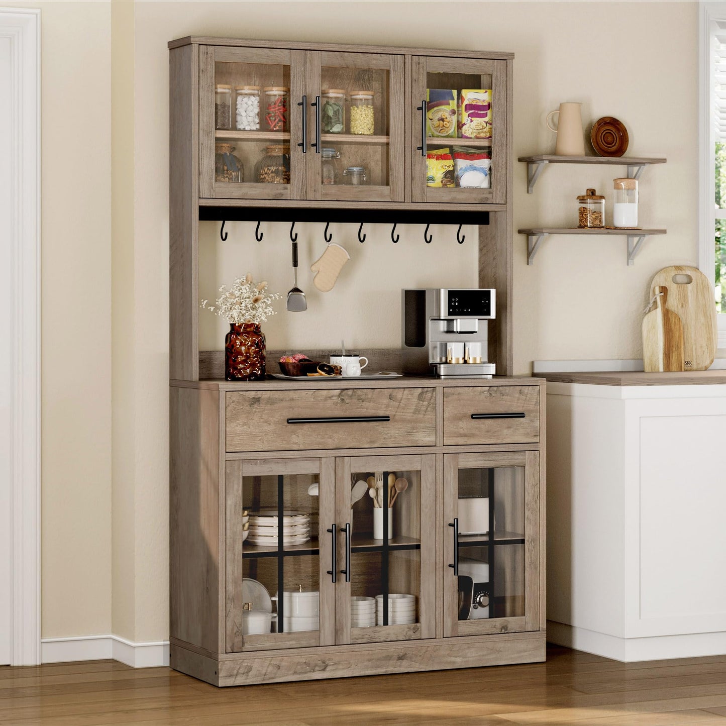 YITAHOME 71" Tall Kitchen Pantry Cabinet with Microwave Stand & Built-in Power Outlet, Buffet Cupboard with Acrylic Doors, Drawers and 8 Hanging Hooks for Kitchen, Dining Room, Living Room, Grey Oak