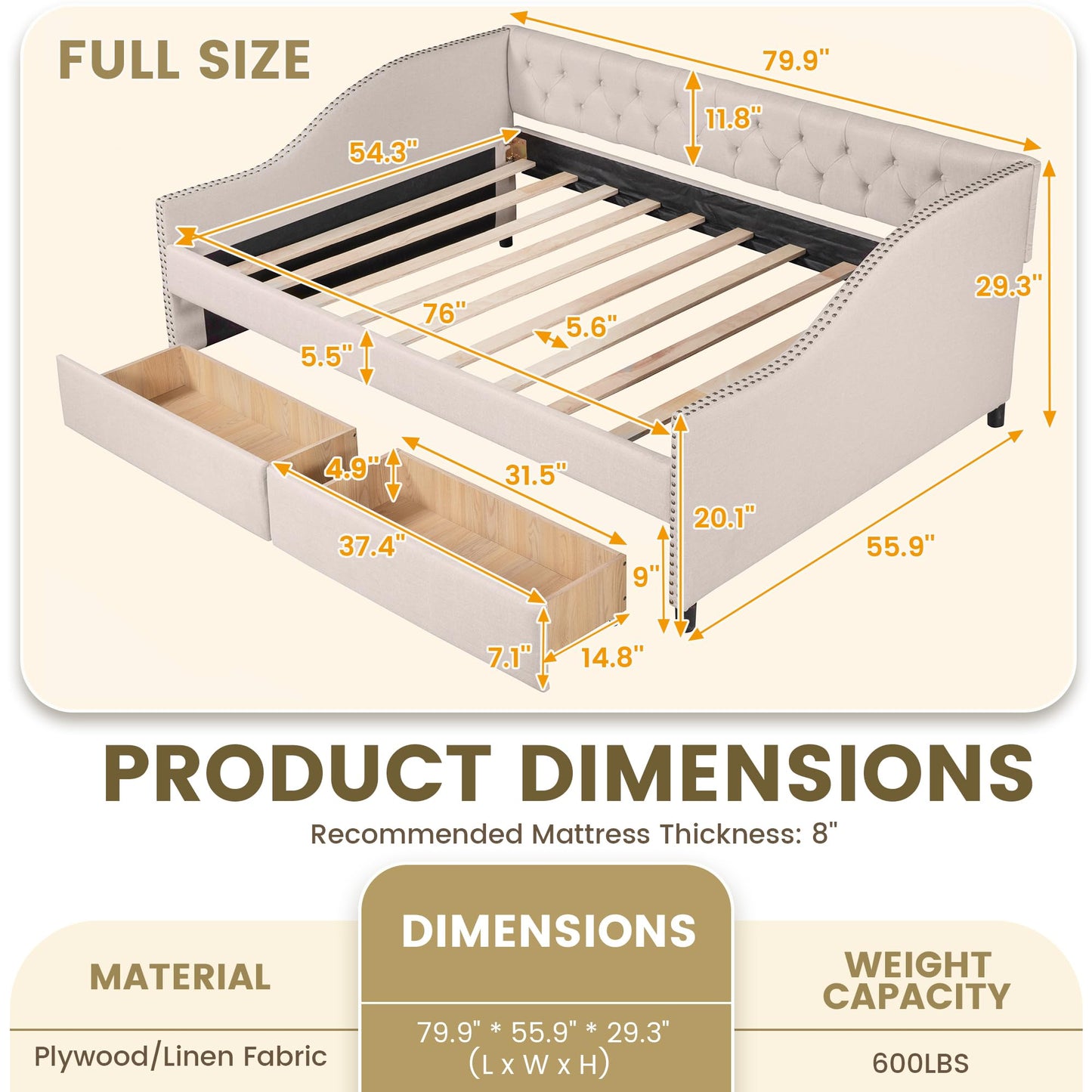 Daybed Frame Full Size with Storage 2 Drawers and Button Tufted, Upholstered Platform Bed, No Box Spring Needed