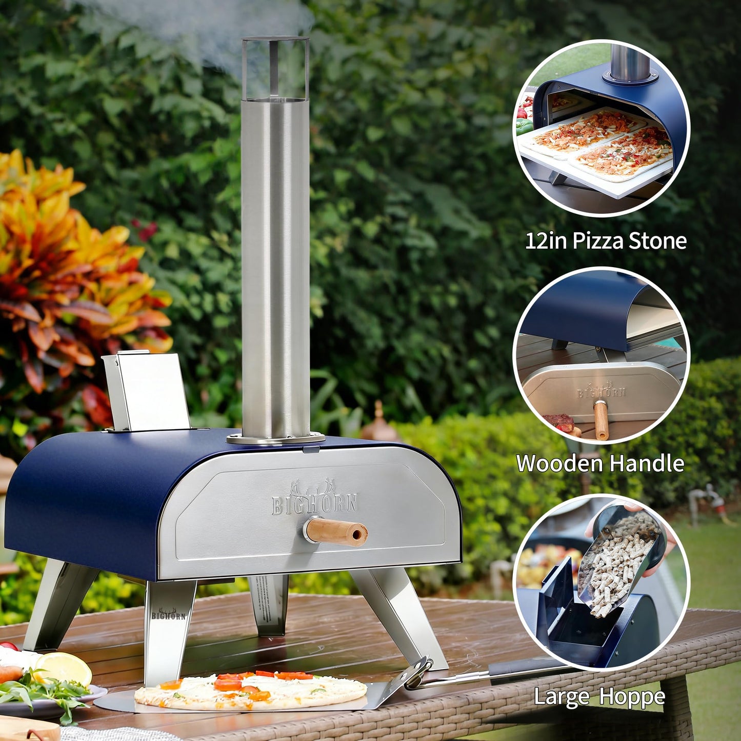 BIG HORN 12" Multi-Fuel Outdoor Pizza Oven Reach up to 1110℉– 3-in-1 Wood,Gas &Electric Compatible(Burners Sold Separately),Pellet Pizza Oven Portable Pizza Maker for Backyard, Camping&Tailgating,Blue