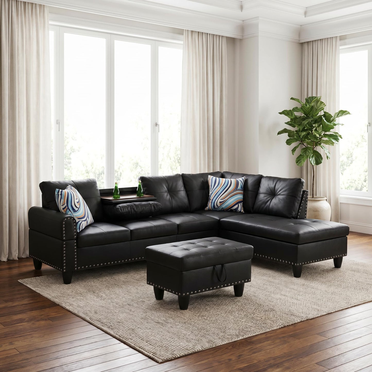 Trygoal 97.5" Leather L Shaped Couch with Right Chaise & Cup Holder, Sectional Sofas Modular Furniture Set with Storage Ottoman, Convertible Couches for Living Room, Small Space & Office (Black)