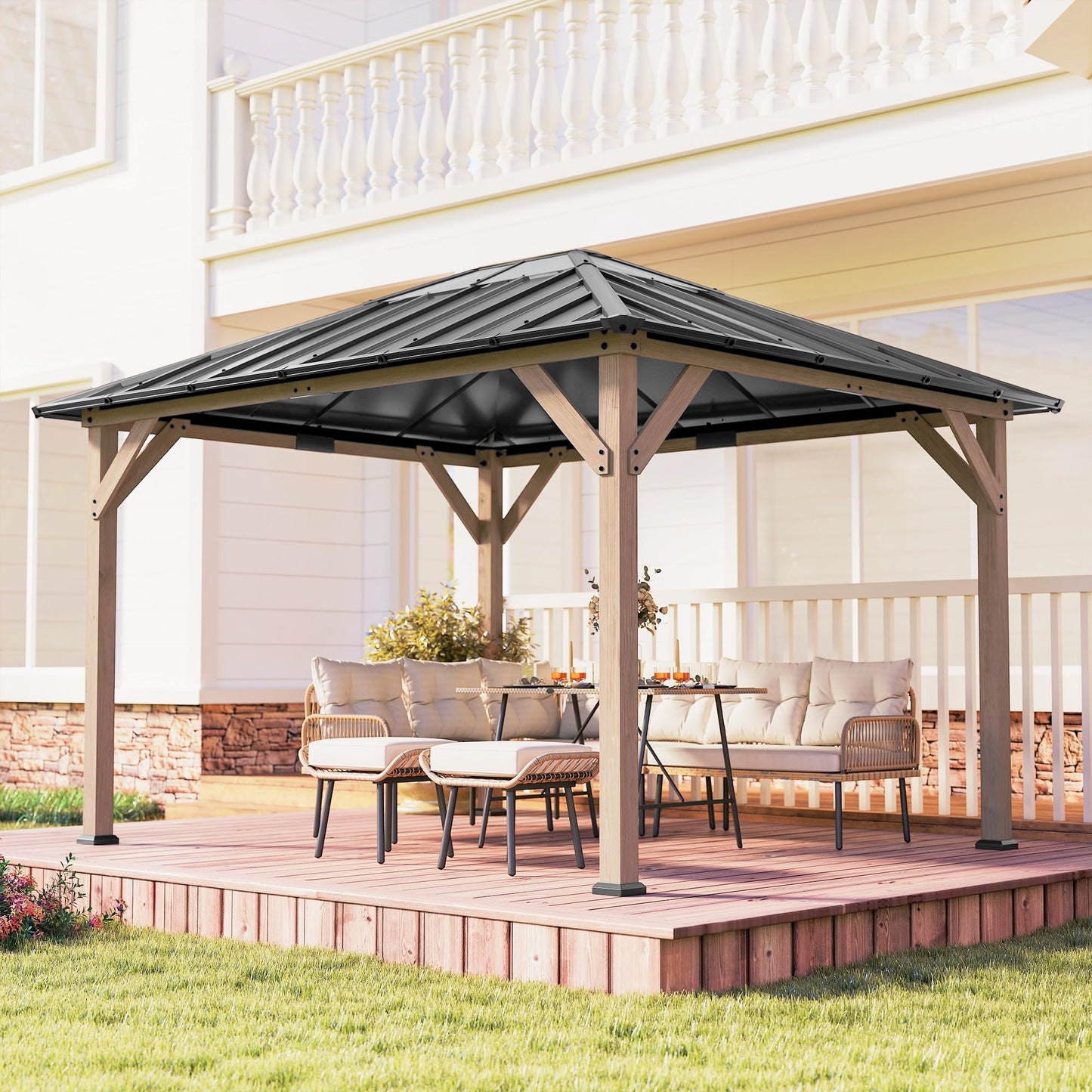 Outsunny 10' x 12' Hardtop Gazebo with Galvanized Steel Roof, Wood Permanent Pavilion Canopy Shelter with Clear Roof Top, UPF50+ Protection, Ceiling Hooks for Lawn, Backyard, Deck, Light Walnut