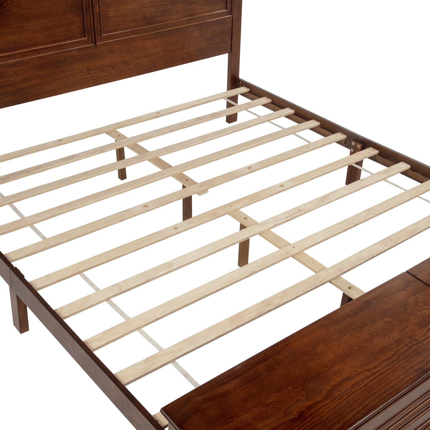 KEIKI Queen Size Farmhouse Style Bed Frame with Storage Bench, 2 Drawers & Lift-Top Compartments, Solid Wood Platform Bed with High Panel Headboard, Under-Bed Storage, No Box Spring Needed, Walnut