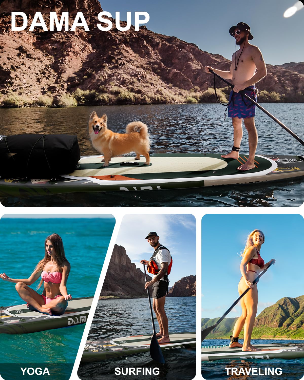 DAMA Paddle Board, 11' x 34" x 6", 400 lb Weight Capacity, All-Around Paddle Board for Multi-Person Use, Pet-Friendly Design, Wide Stable Structure for Beginners, Smooth Gliding for Yoga and Fishing