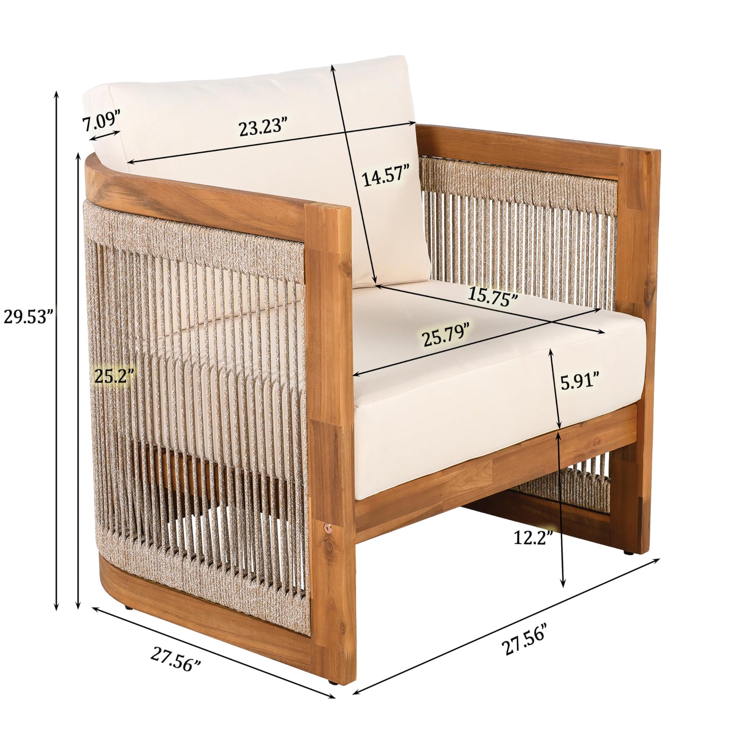 Merax 4-Piece Patio Premium Acacia Wood Outdoor Furniture Set,All Weather Curved Tub Design with Woven Rope Accents Loveseat Chairs and Table for Backyard, Balcony and Deck,Teak+ Beige